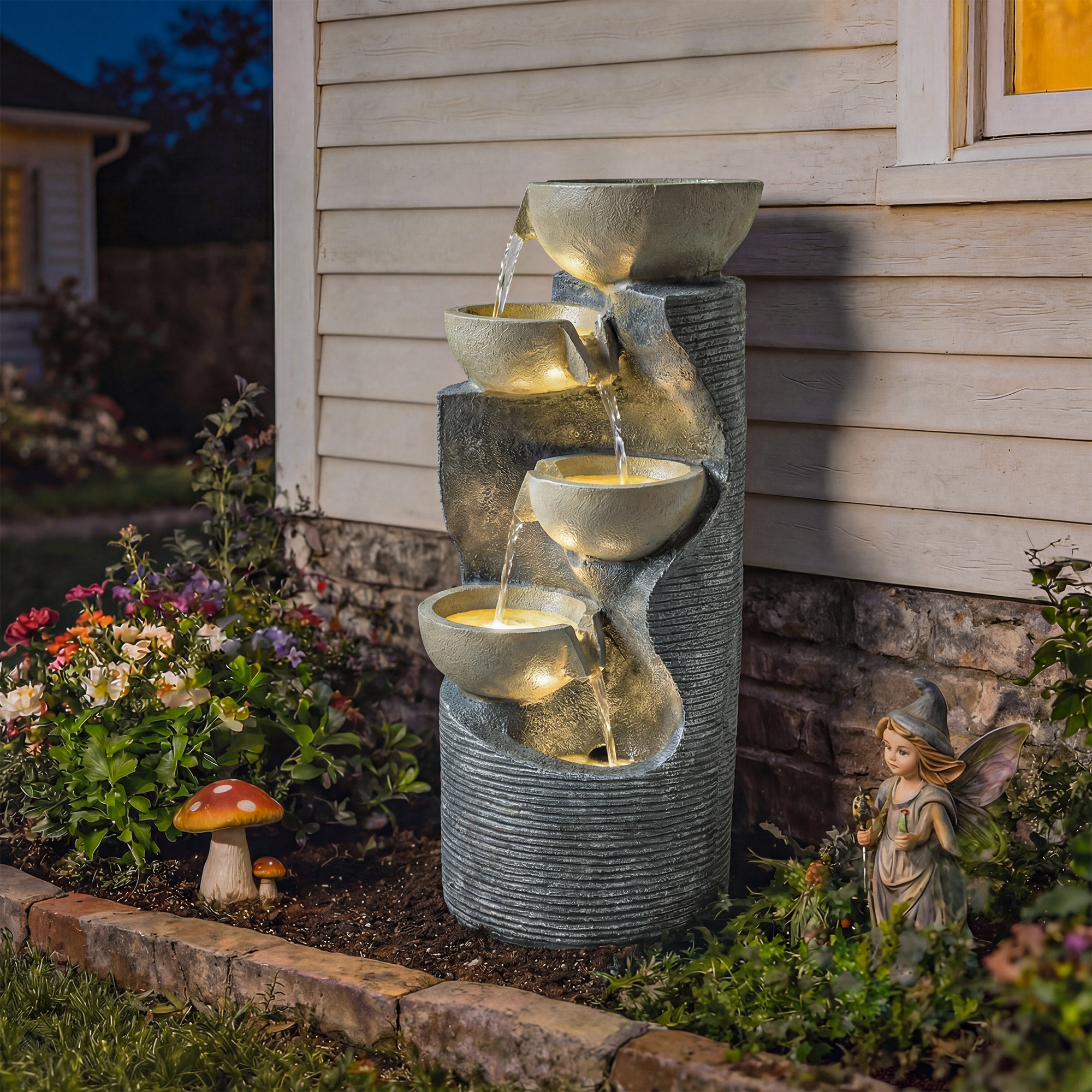 Springbrunnen 5-stufig Gartenbrunnen mit LED Beleuchtung Pumpe Steinoptik, Verstellbar 33 x 31 x 80 cm