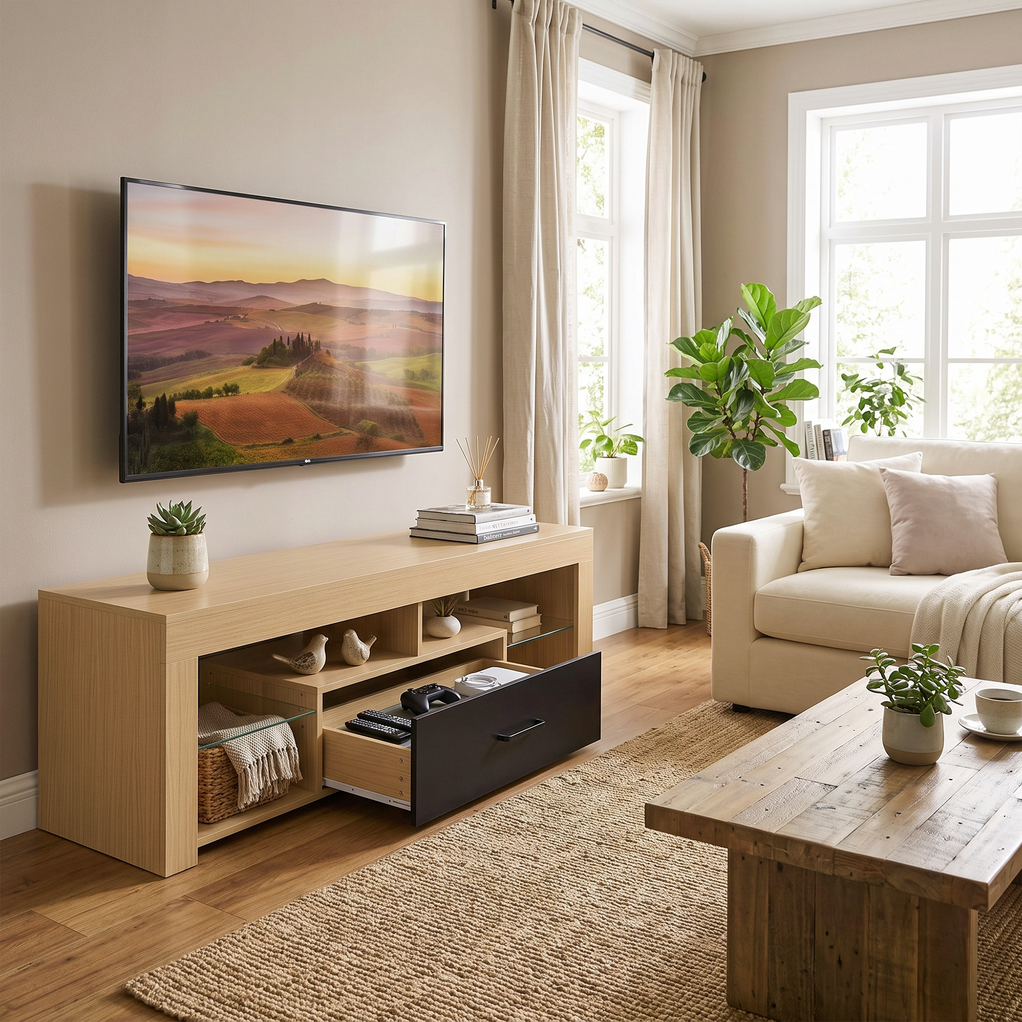 TV-Lowboard für Fernseher bis 65 Zoll, moderner TV-Schrank mit verstellbaren Glasböden, Eiche