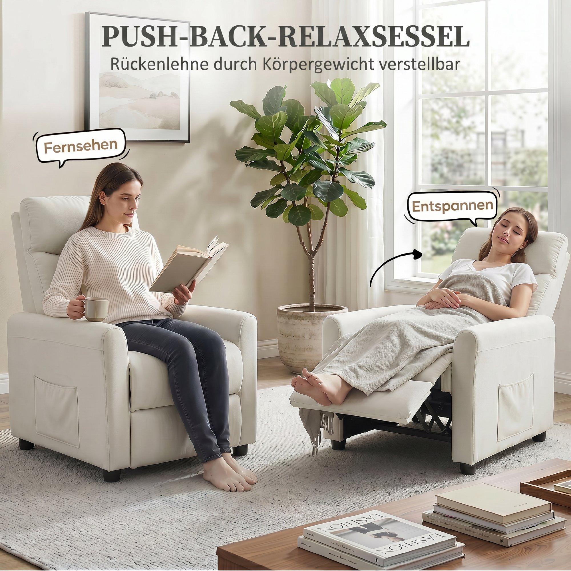 Relaxsessel Fernsehessel mit Liegefunktion, TV Sessel mit Taschenfedern, Fußstütze, Stoff in Leinenoptik, Cremeweiß