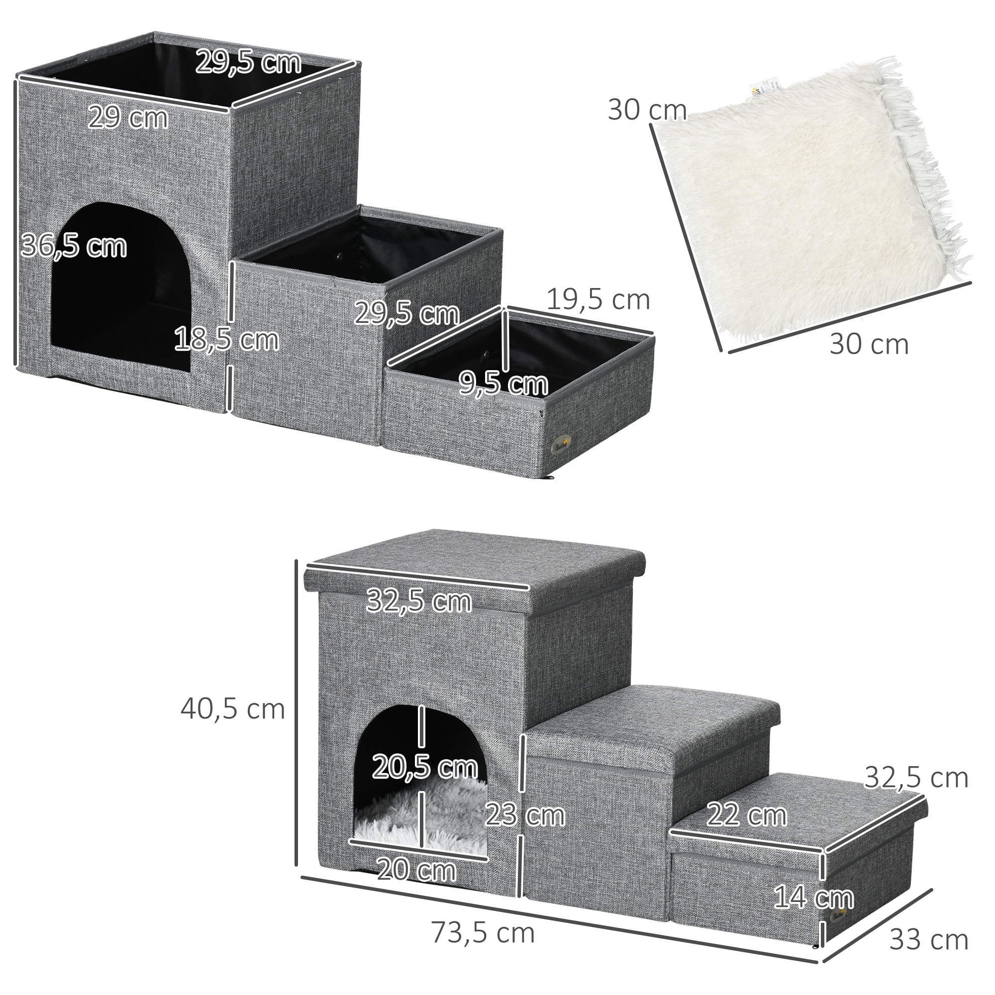 Haustiertreppe mit Haustierbett, inkl. versteckter Stauraum, 73,5 cm x 33 cm x 40,5 cm, Hellgrau