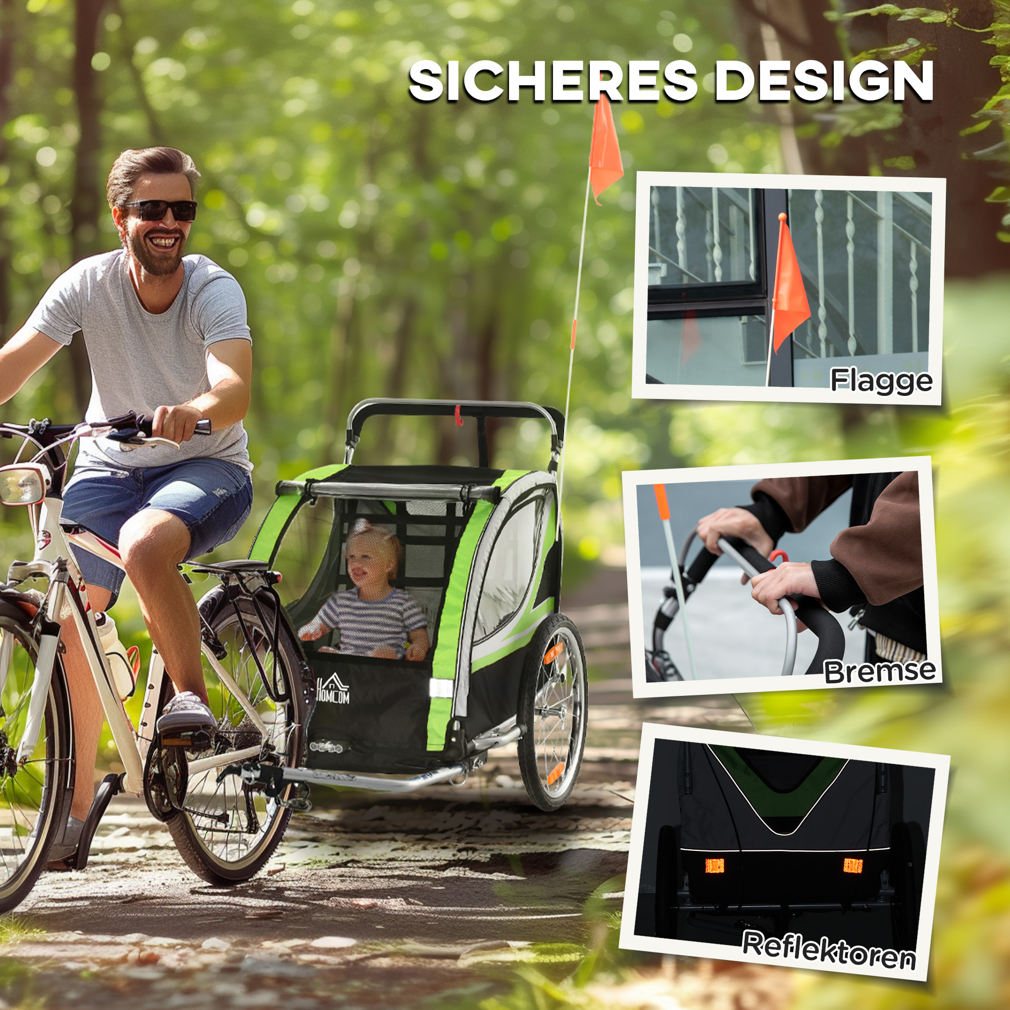 2-in-1 Fahrradanhänger für 2 Kinder, Schiebefunktion, Regenschutz, Bremse, Grün