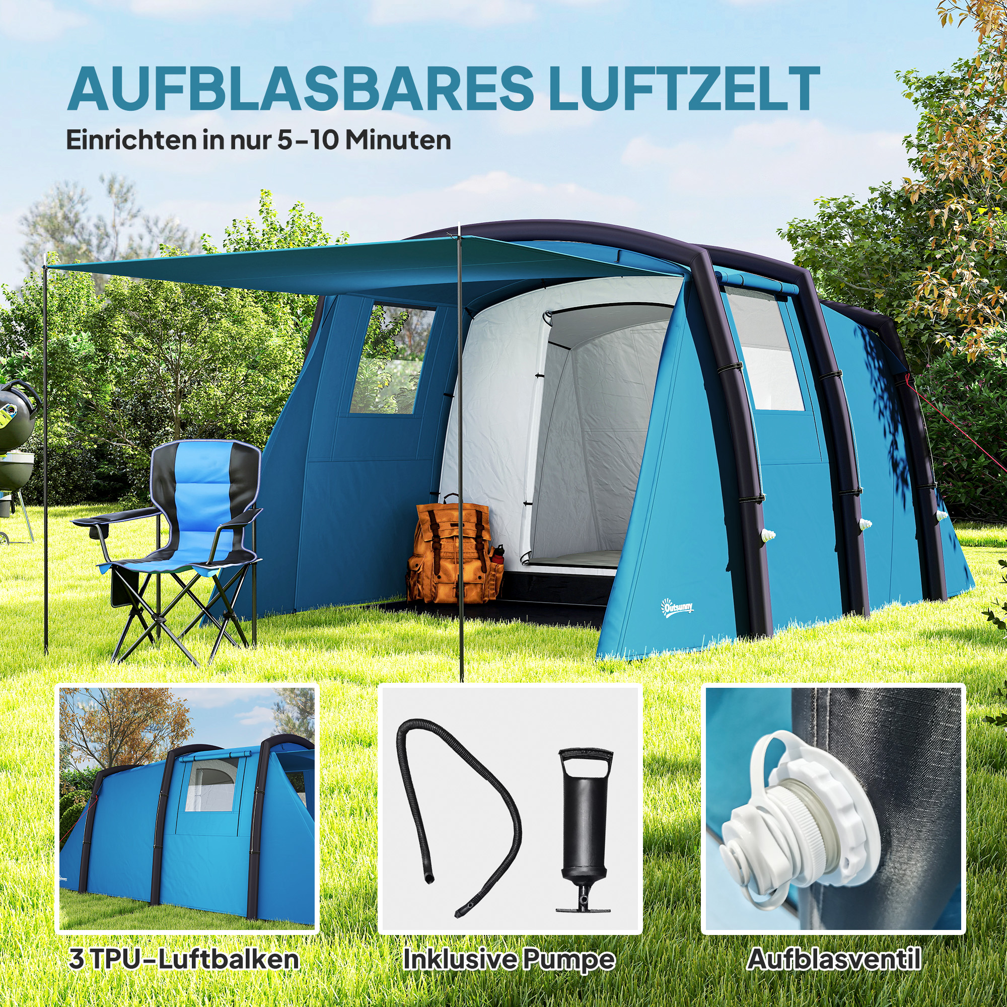 Aufblasbares Campingzelt 3-6 Personen Outdoor Tunnelzelt mit Seitenfenstern Tür Luftträger 4,4 x 2,8 x 1,95 m Blau