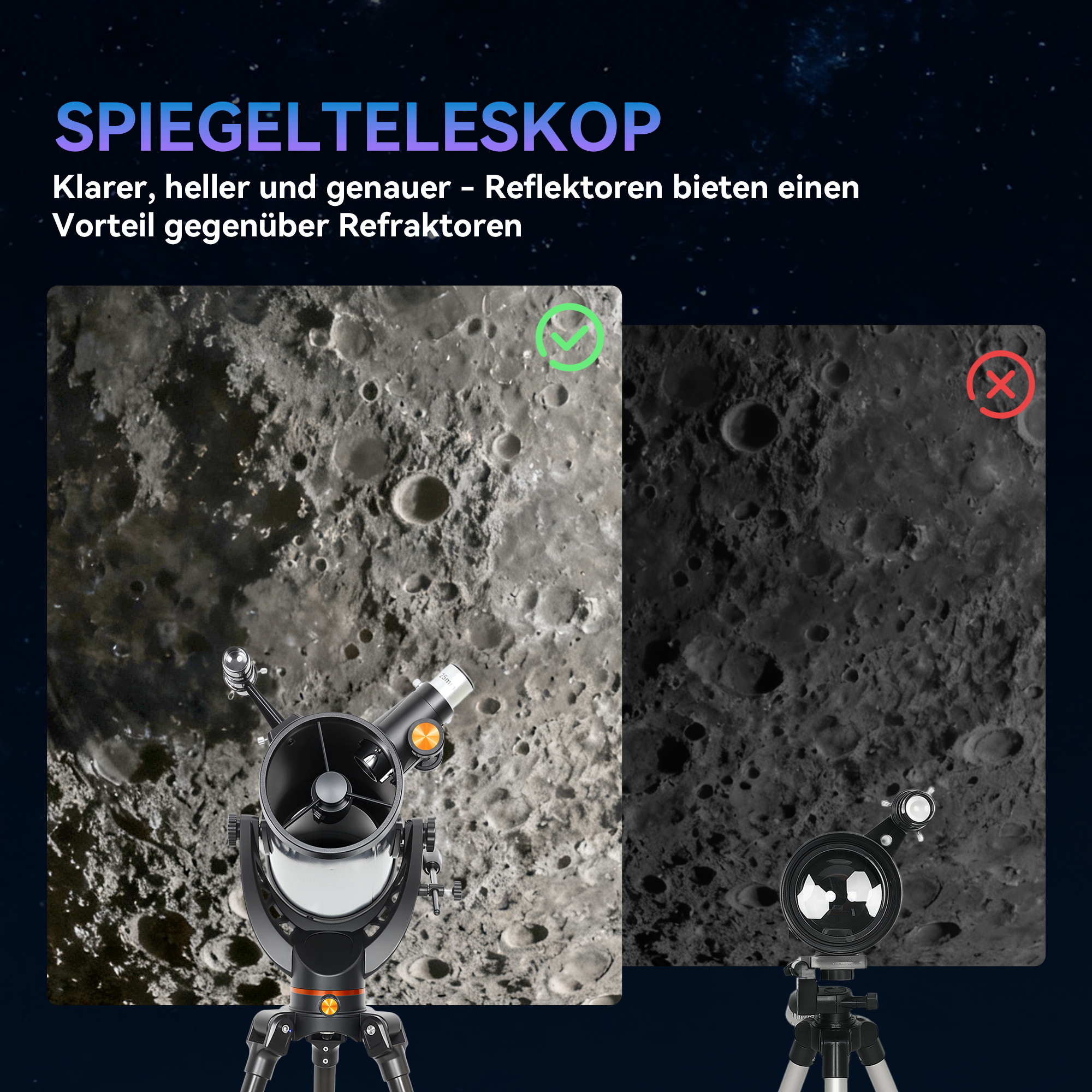 Spiegelteleskop , 114 mm Objektiv, 2 Okulare, Sucherfernrohr, Aluminium, Dunkelblau