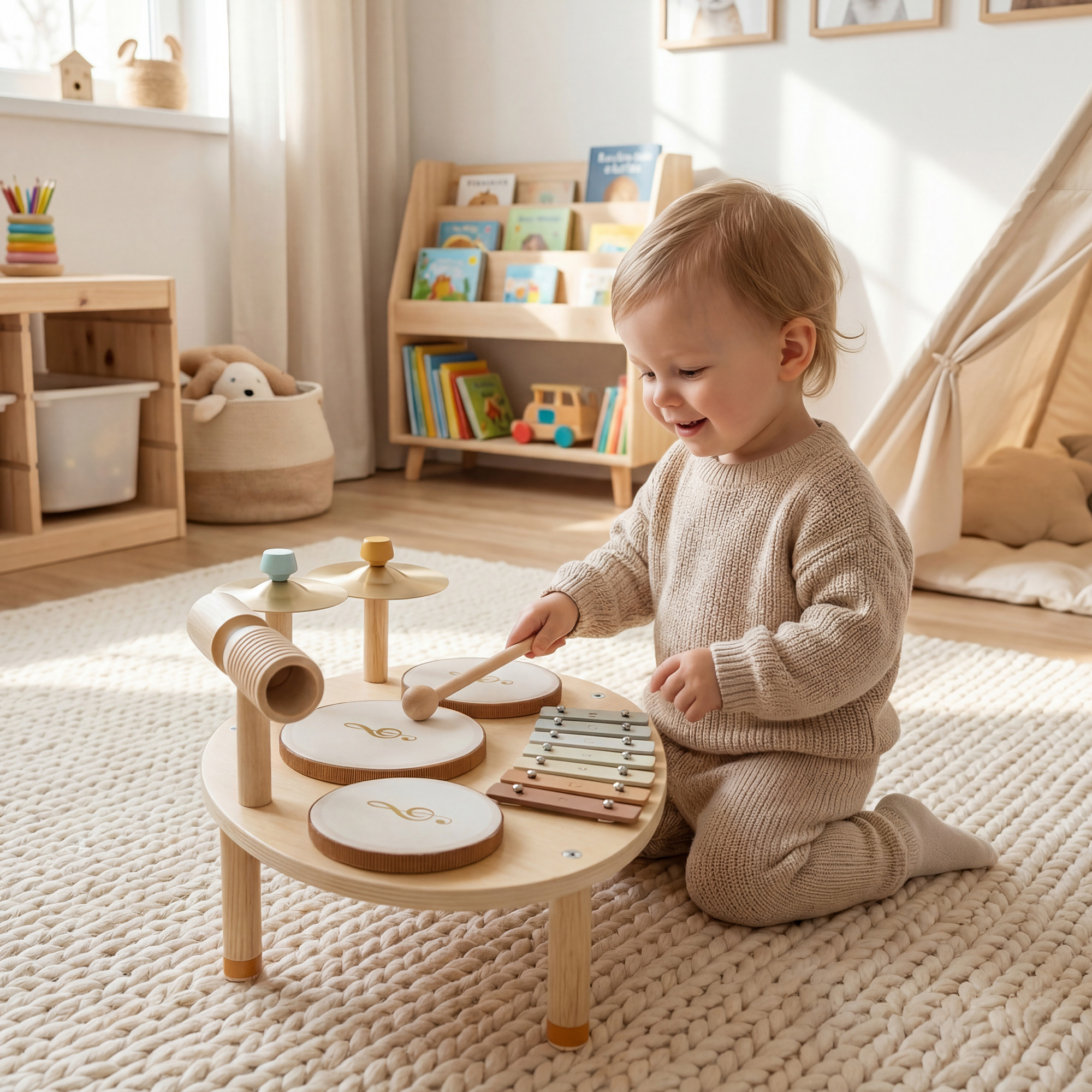 Kinder Schlagzeug 4-in-1 Montessori Musikinstrumente Set mit Trommeln Xylophon Schlagwerk für Kinder ab 2 Jahre