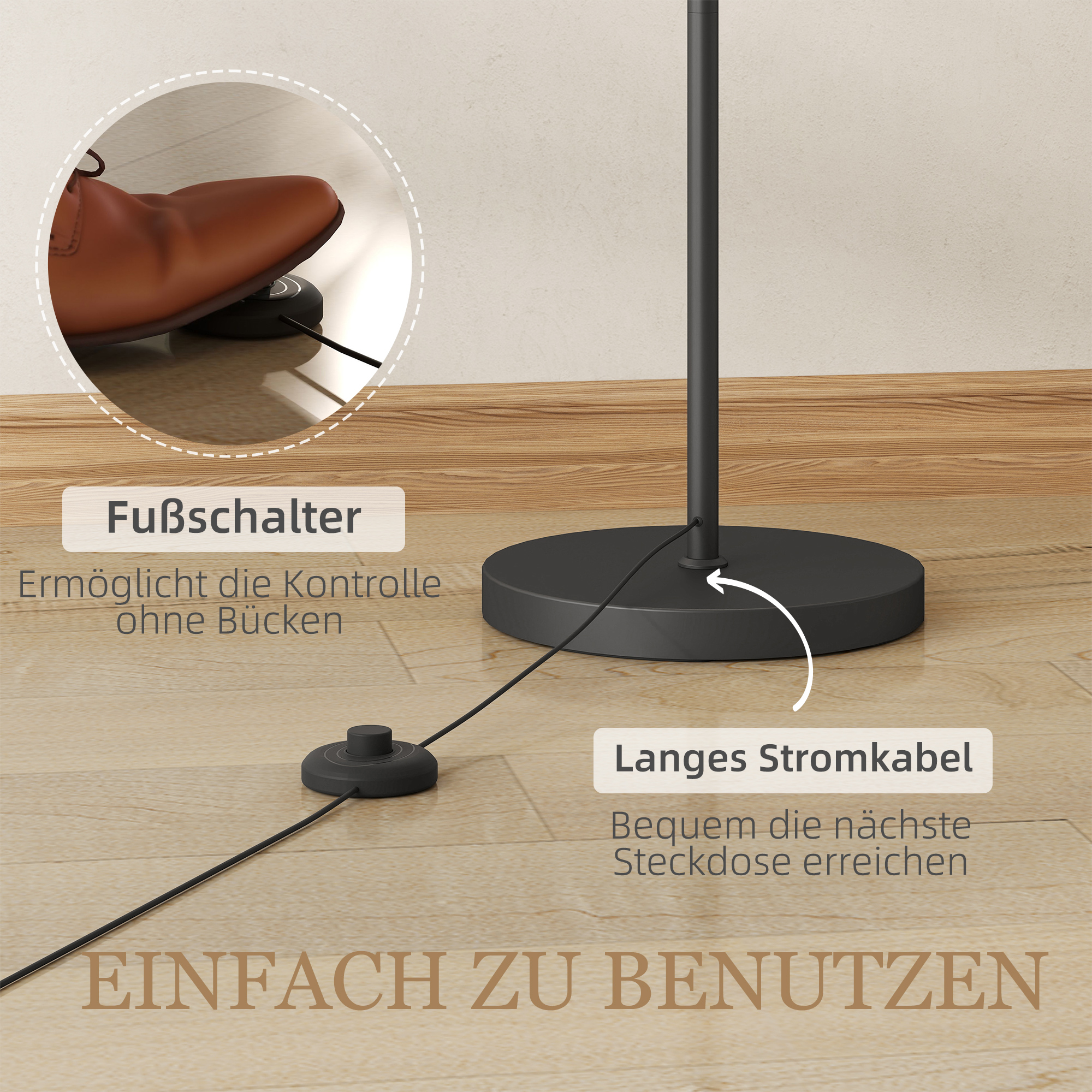 Stehlampe, verstellbare Lichtoptionen, Fußschalter, Fernbedienung, Metall, Schwarz