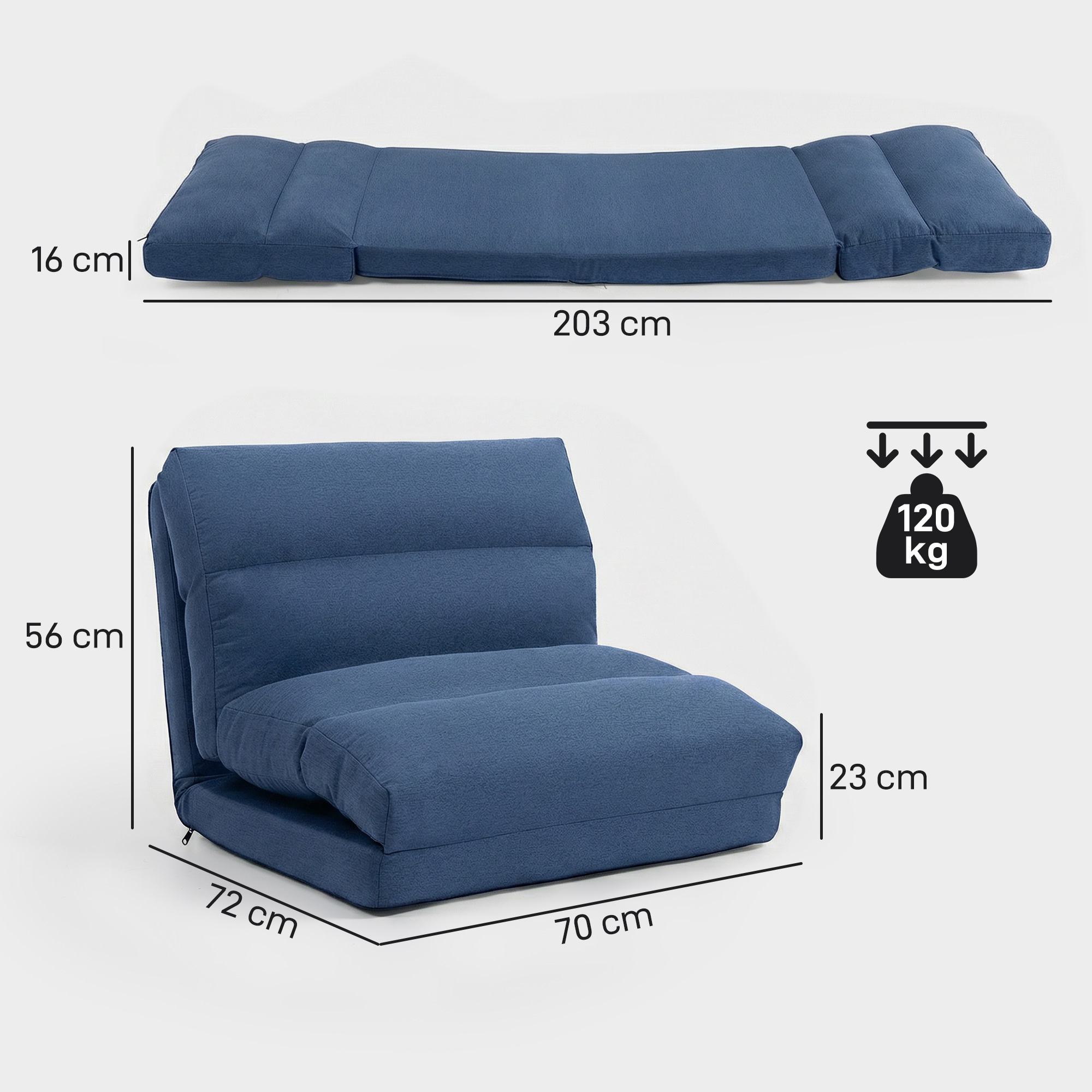 Sitzsack mit Bettfunktion, neigbare Lehne, klappbar, bis 120kg, 70 x 72 x 56 cm, Dunkelblau