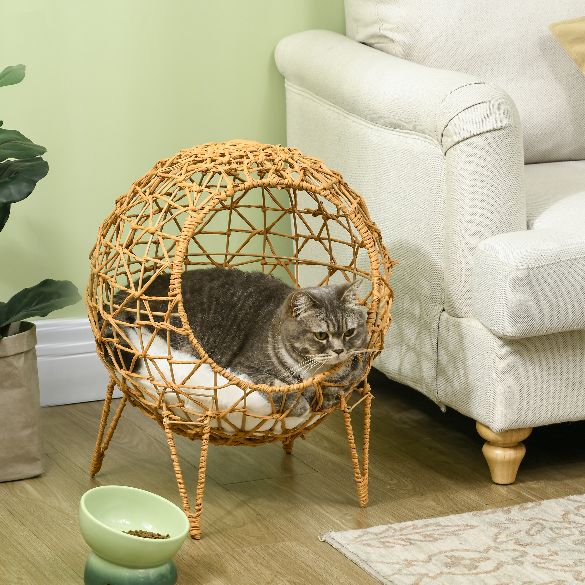 Rattan Katzenkorb Katzenhöhle Katzenhütte Katzenbett mit Kissen erhöhtes Design Haustierbett Braun Ø45 x 57H cm