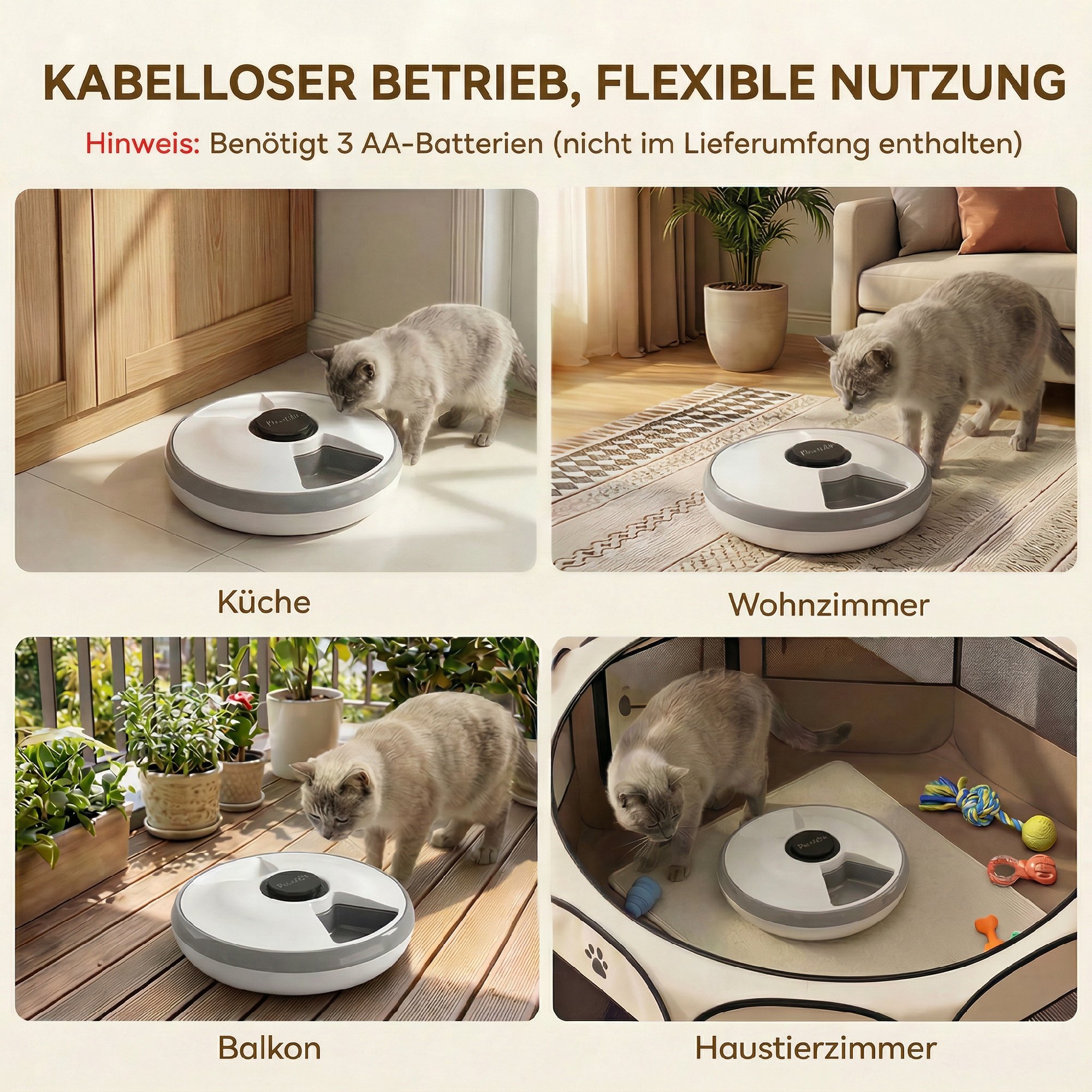 Futterautomat, automatischer kabelloser Futterspender mit Timer bis zu 6 Mahlzeiten, LED-Display, Kühlakku Grau