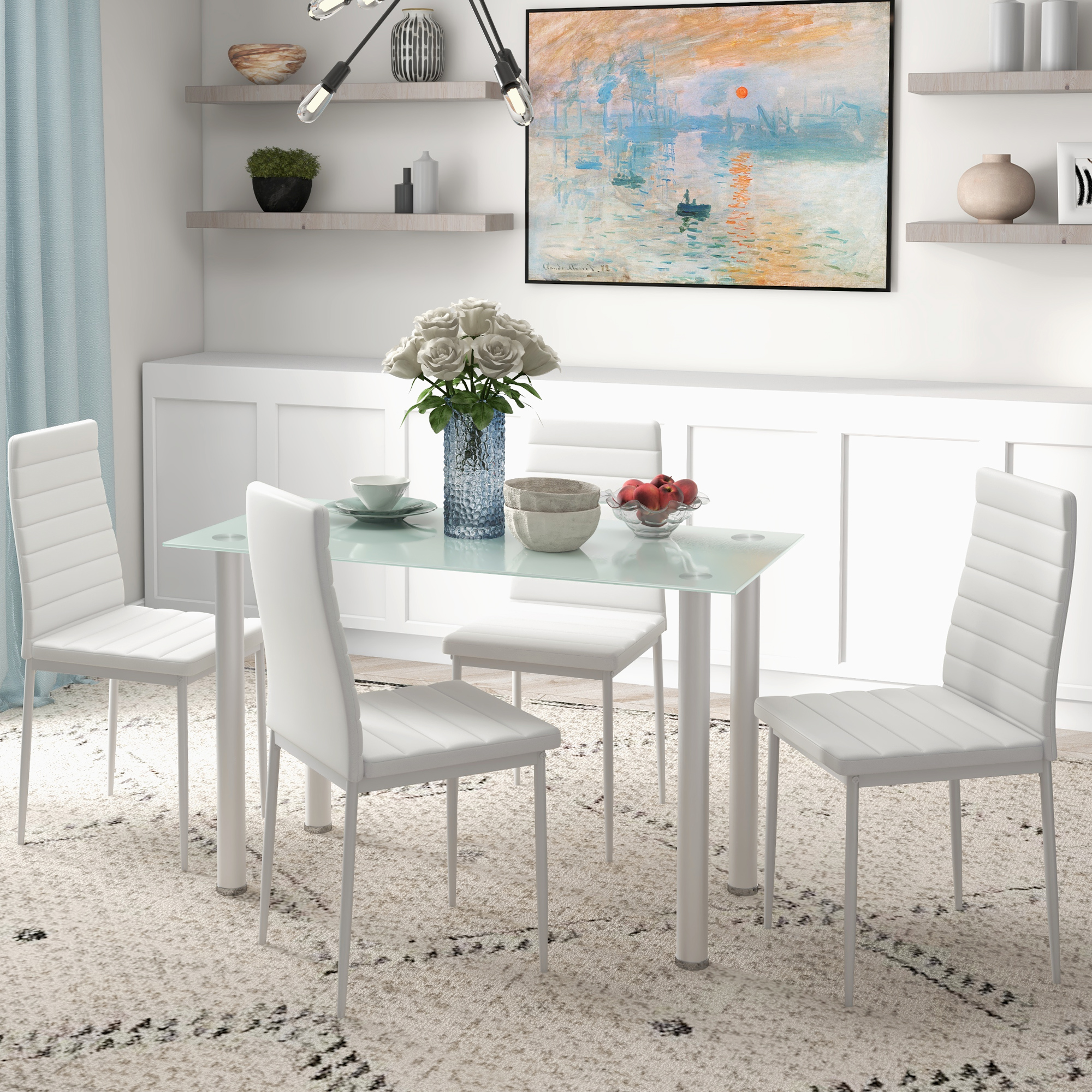 5-tlg. Essgruppe Sitzgruppe Esstisch mit 4 Stühlen, modernes Design, Glastisch, Weiß