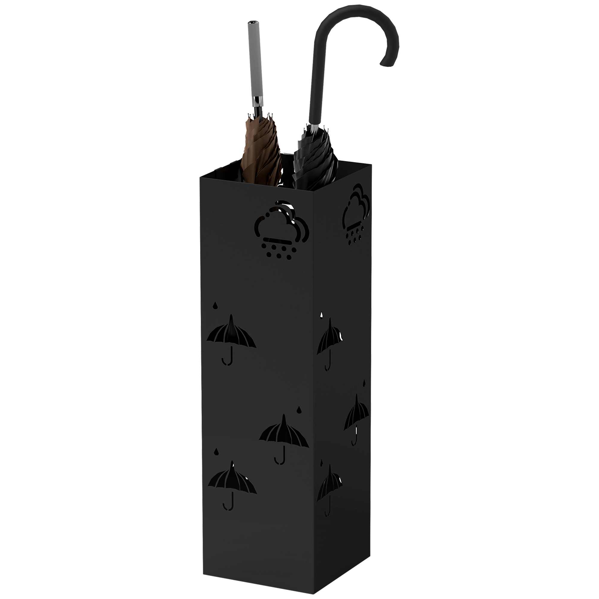 Schirmständer aus Metall, 4 Haken, Wolken- und Schirmmuster, Tropfblech, Schwarz Schirmständer aus Metall, 4 Haken, Wolken- und Schirmmuster, Tropfblech, Schwarz
