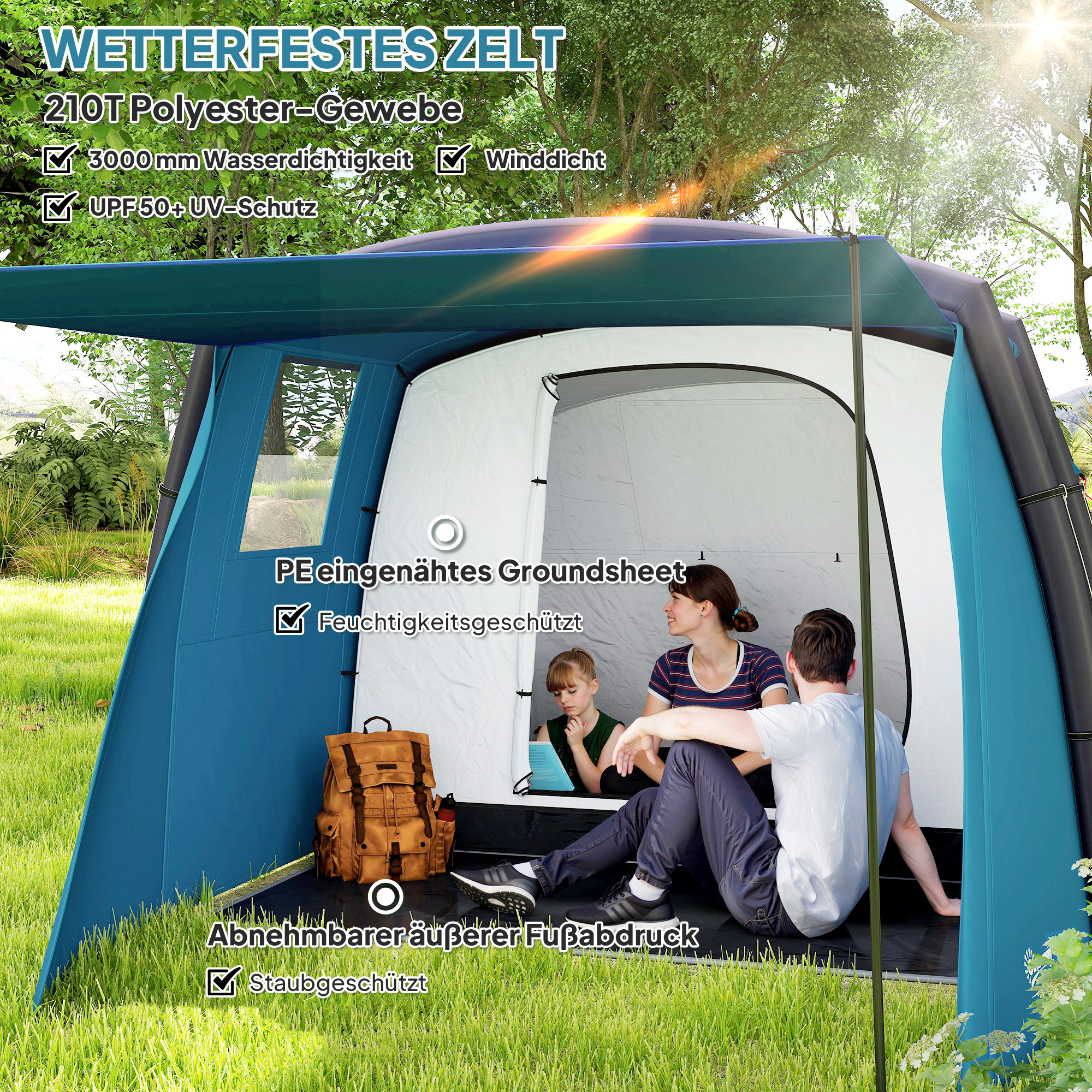 Aufblasbares Campingzelt 3-6 Personen Outdoor Tunnelzelt mit Seitenfenstern Tür Luftträger 4,4 x 2,8 x 1,95 m Blau