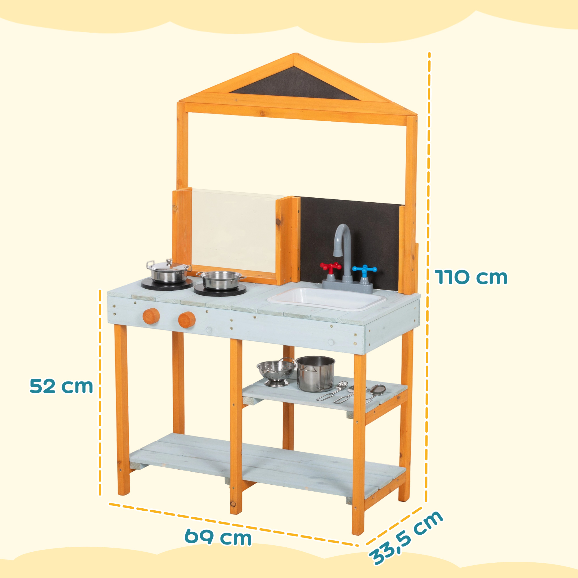 Matschküche Kinder Outdoor Spielküche Holz mit Herd Abnehmbarer Spüle Regalen für Kinder von 3-8 Jahren, Hellblau