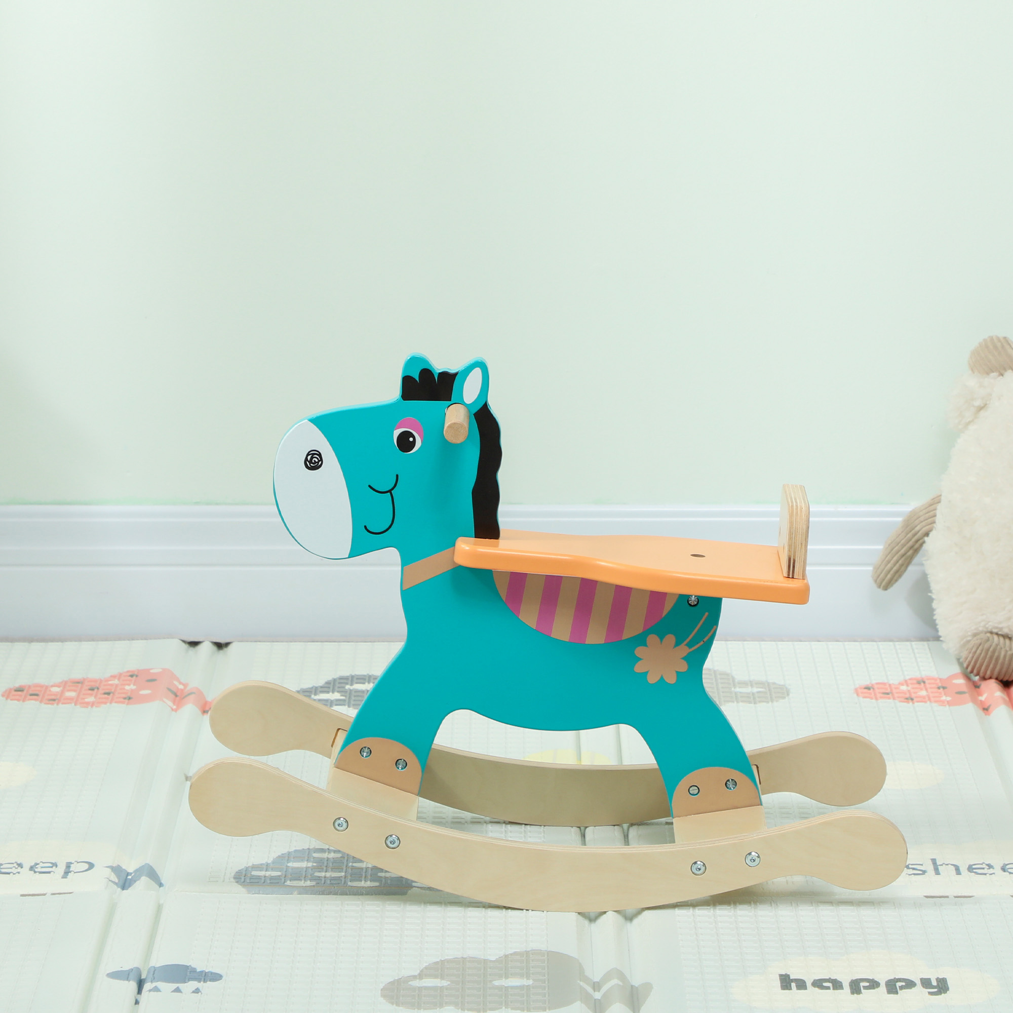 Schaukeltier Esel Baby Schaukelspielzeug mit Haltegriffen Schaukel Schaukelsitz 59 x 27 x 43 cm Blaugrün