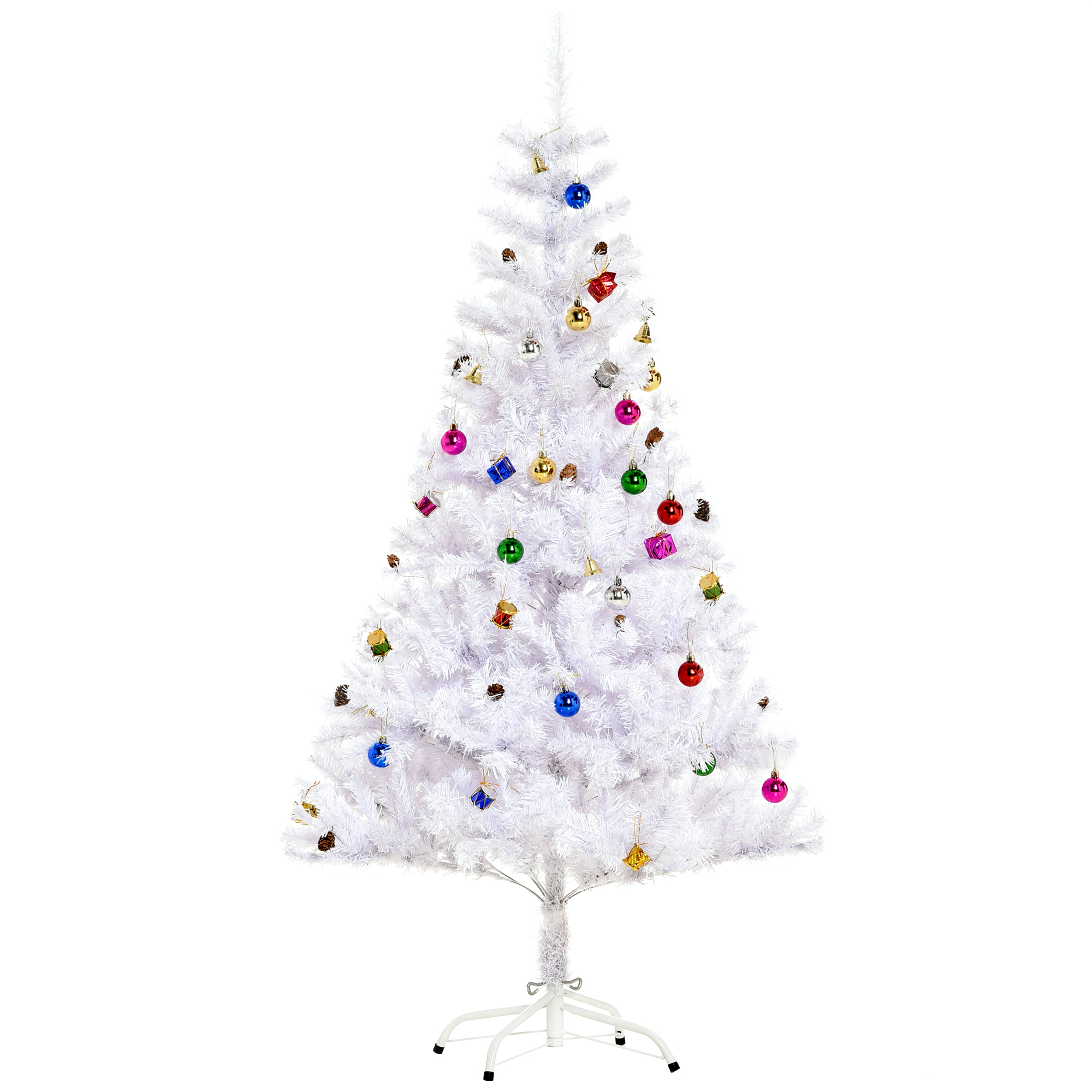 Künstlicher Weihnachtsbaum 150 cm künstlich Tannenbaum mit Kugeln, Glocken, Trommeln, Geschenkboxen, Christbaum mit 680 Spitzen, 12 Tannenzapfen Weihnachtsdeko inkl. Metallständer für drinnen