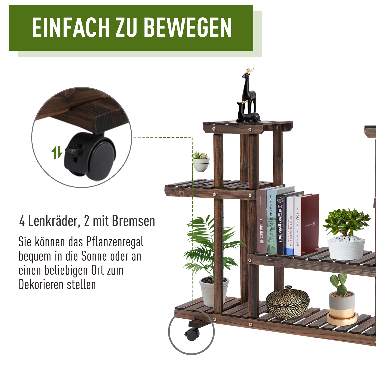 Blumentreppe 6 Regale 4 Rollen 123,5 cm × 33 cm × 80 cm Massivholz Braun 123,5 cm × 33 cm × 80 cm