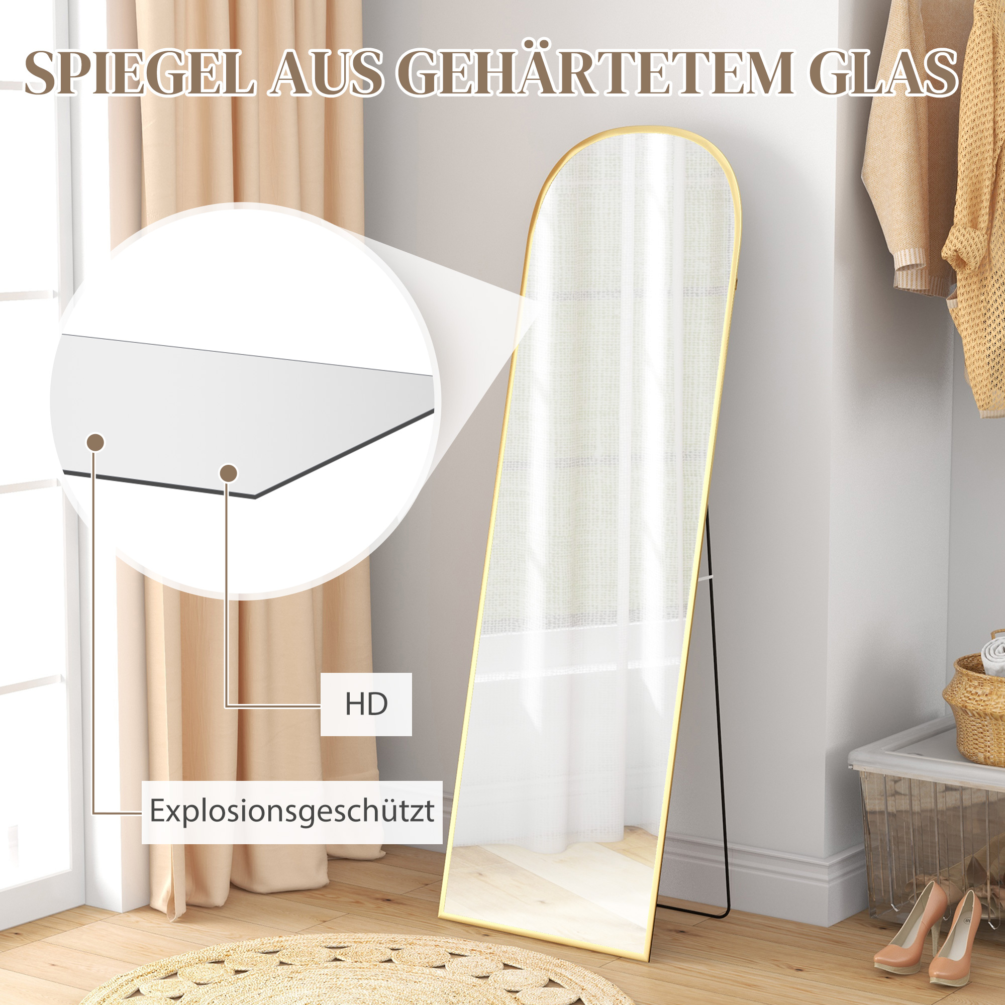Standspiegel, Ganzkörperspiegel, modernes Design, 50 cm x 1,5 cm x 170 cm, Gold