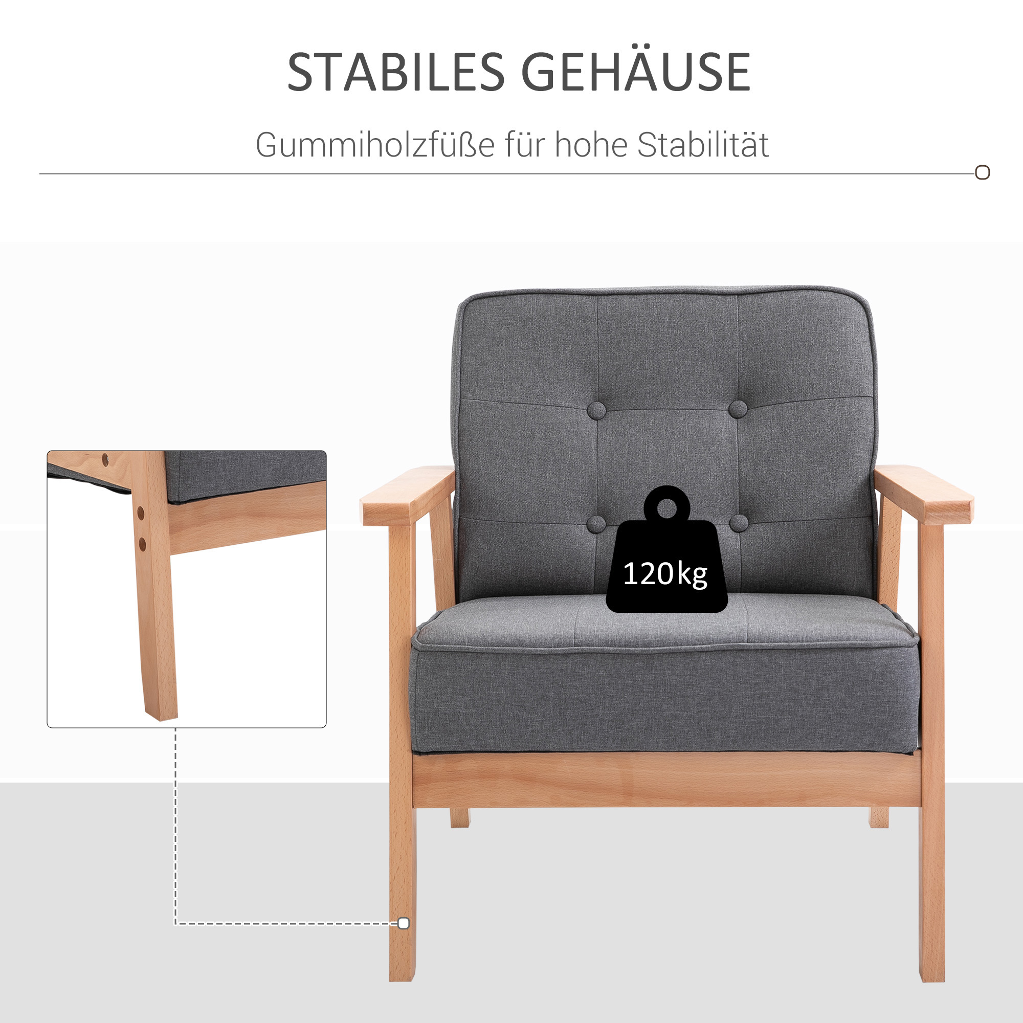 Einzelsofa Loungesessel Polsterstuhl mit Armlehnen Holzrahmen Leinen Grau 64,5 x 70 x 74 cm