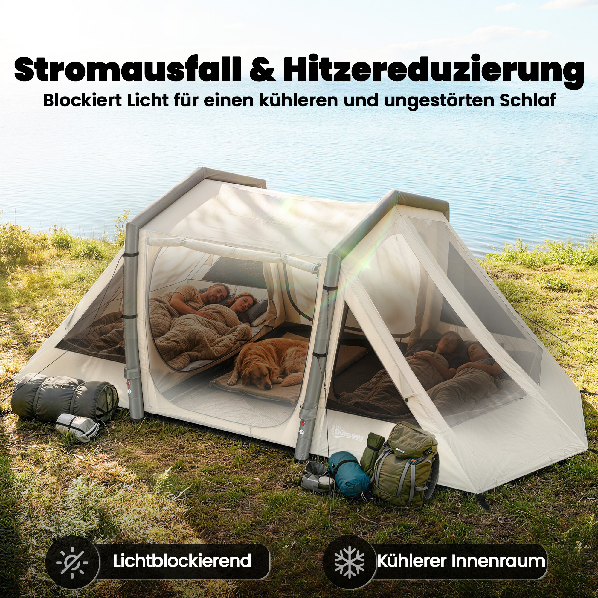 Aufblasbares Zelt 4 Personen Schneller Aufbau Outdoor Zelt für Camping mit 2 Schlafzimmern Vorraum Fenster