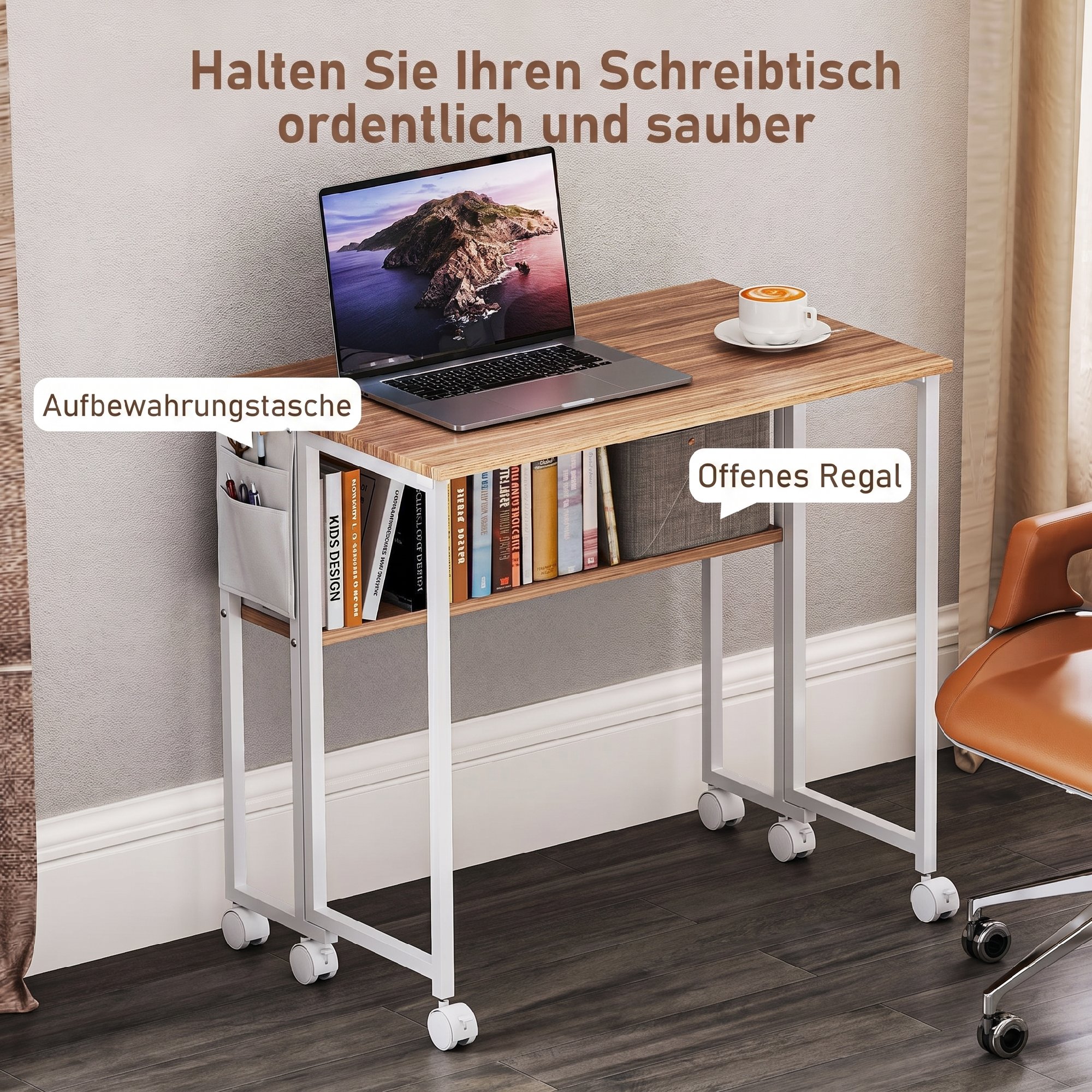 faltbarer Schreibtisch, zum Beistelltisch umwandelbar, offenes Regal, Natur