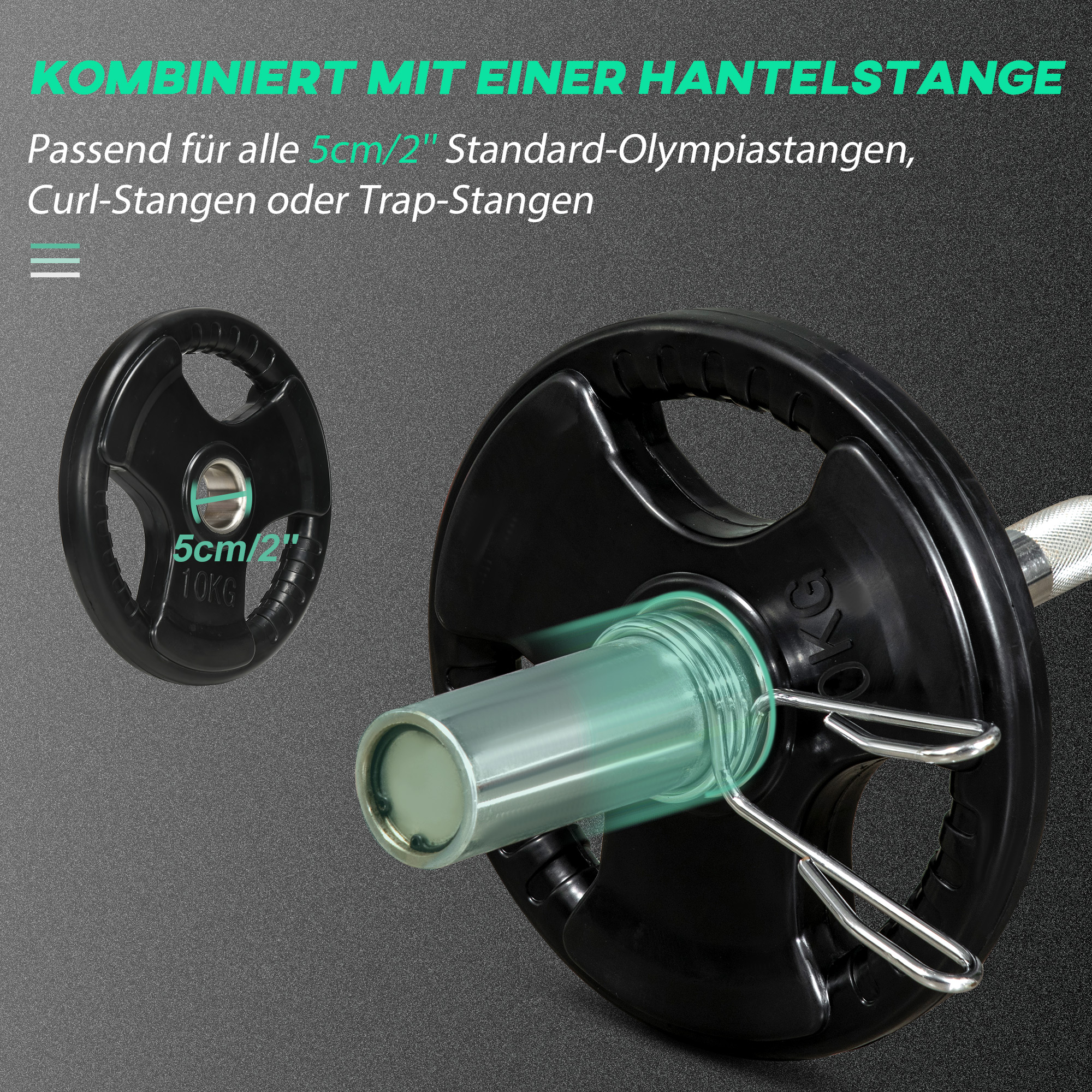 Hantelscheibe, 2er-Set, 10 kg pro Scheibe, drei Griffe, bodenschonender Gummimantel, Metall