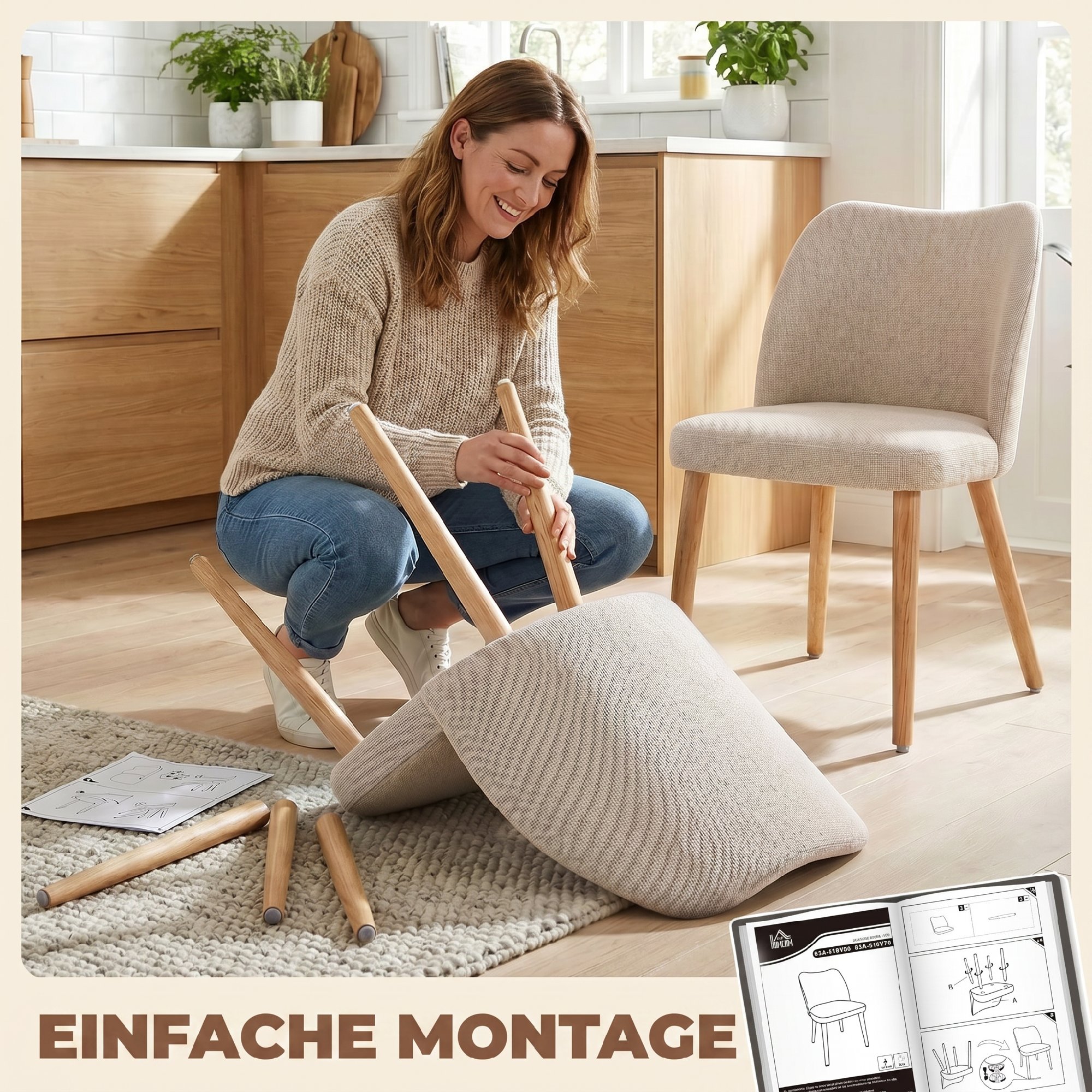 Esszimmerstühle 2er-Set, gepolsterte Küchenstühle mit Leinenoptik, für Esstisch, Wohnzimmer, Cremeweiß
