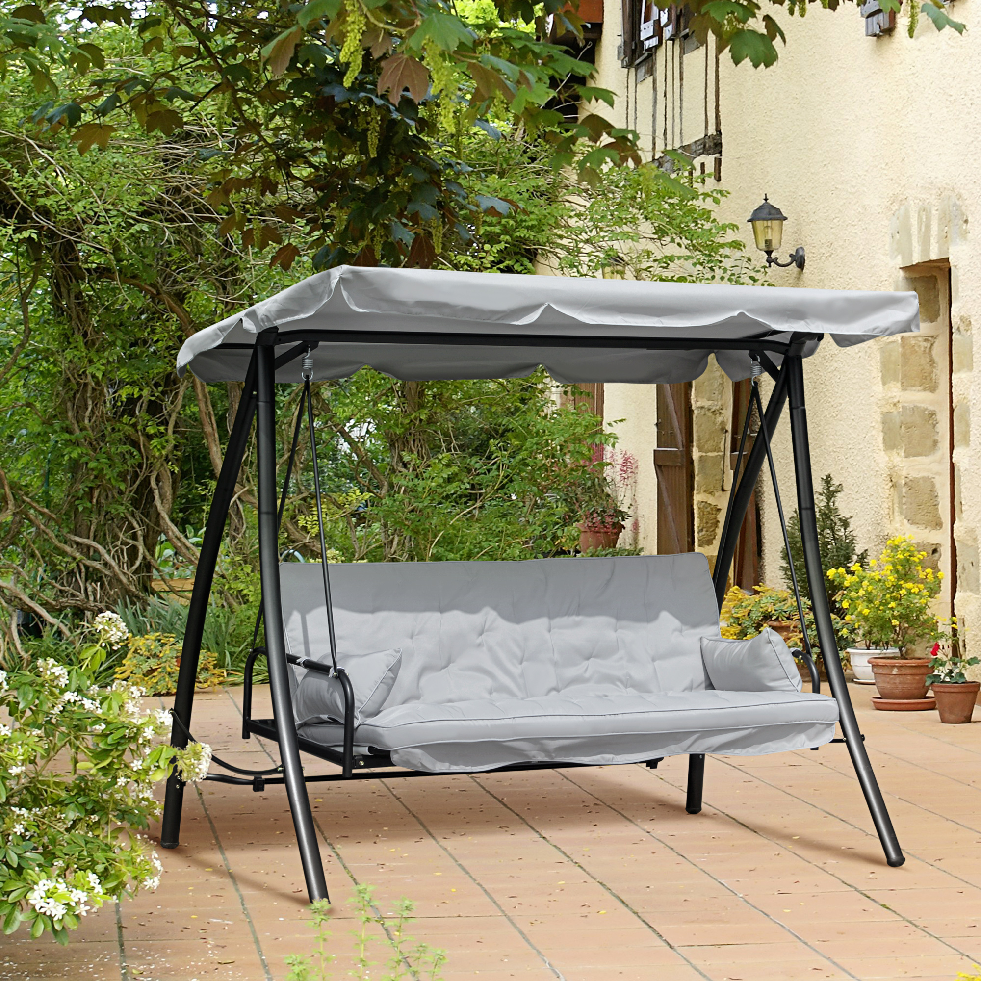 Hollywoodschaukel mit Lesefunktion, Gartenschaukel mit Baldachin, Outdoormöbel, Grau