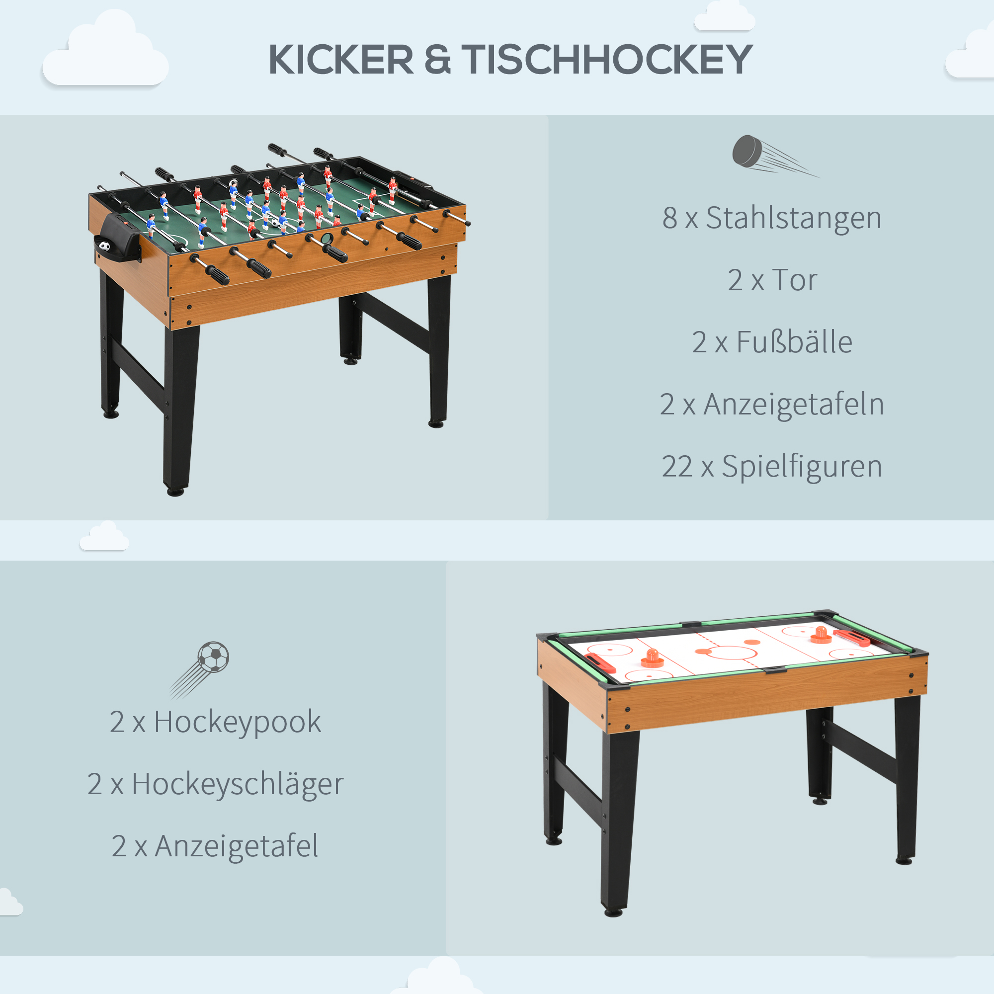 4-in-1 Partyspieltisch inkl. Tischtennis, Kicker, Billard, Tischhockey, Metall, Holz, Natur+Schwarz