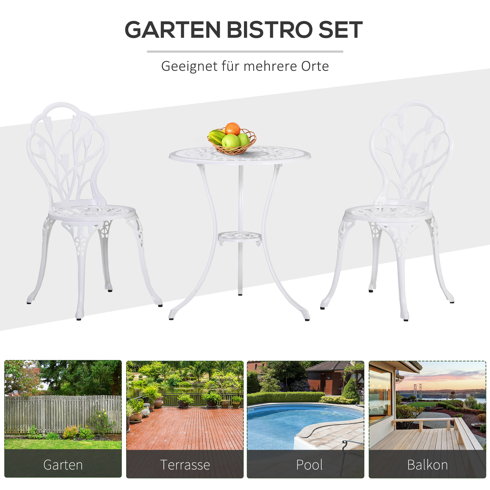 Sitzgruppe für 2 Personen Essgruppe Gartenmöbel-Set 1 Tisch+2 Stühle mit Schirmloch Aluminium Weiß