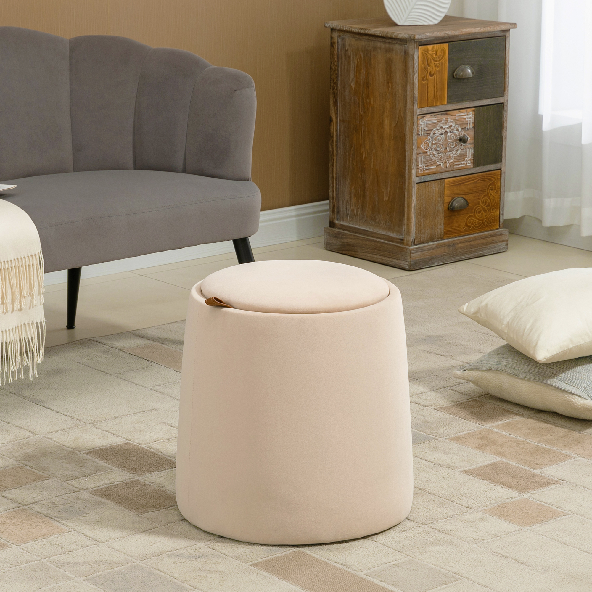 2-in-1 Hocker in Samtoptik inklusive Stauraum und abnehmbaren Deckel ?44 cm x 47,5 cm Beige