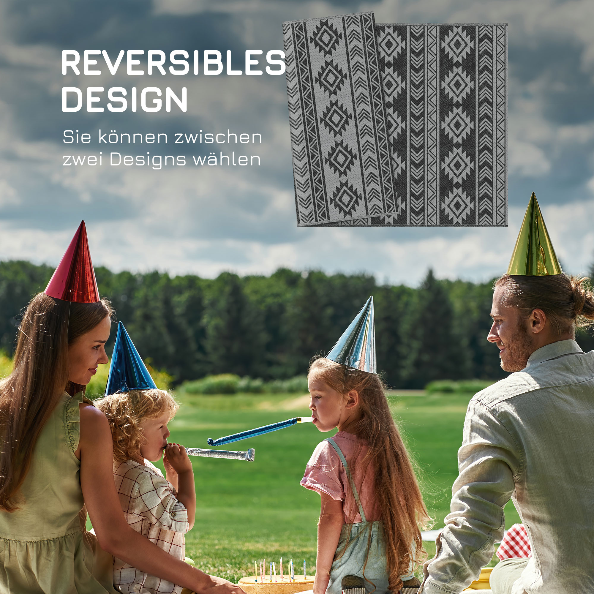 Outdoor-Teppich, wasserdicht, doppelseitiges Design, hochwertige Kunststofffaser, schwarz+grau, 182 x 274cm