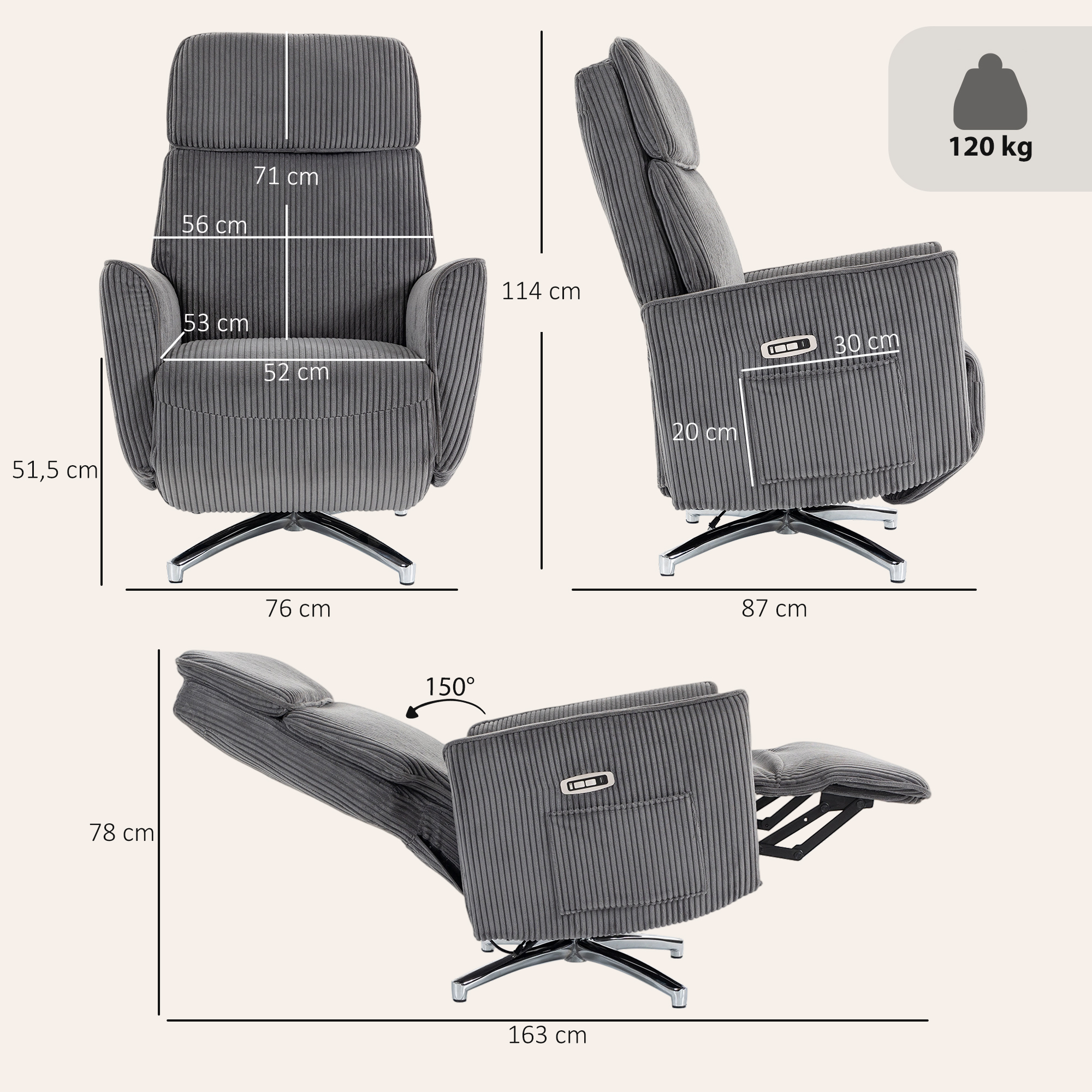 Relaxsessel Elektrisch Verstellbar Fernsessel mit Liegefunktion, 2 Motoren Drehbar TV Sessel mit USB-Anschluss