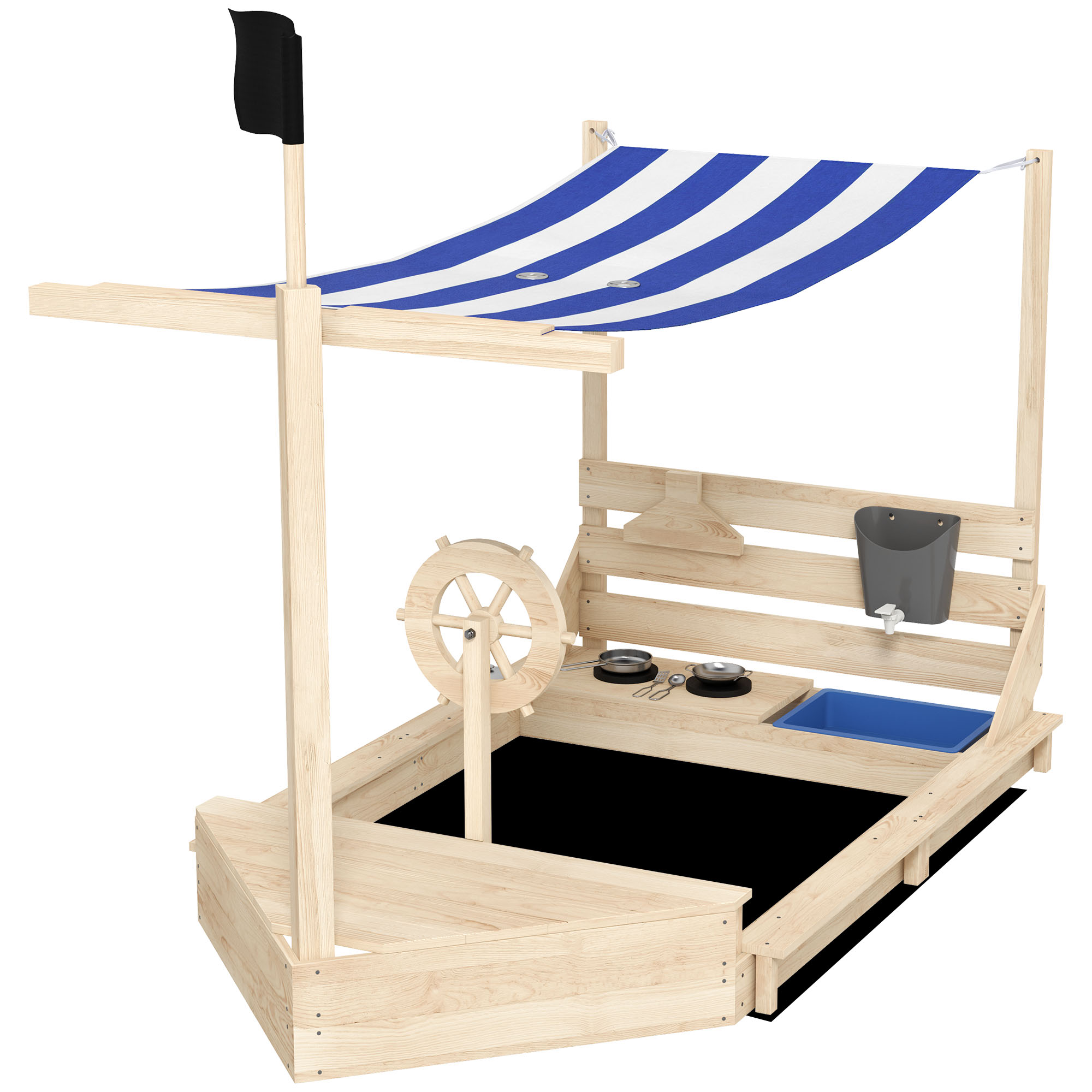 Sandkasten mit Sonnendach Piratenschiff, inkl. Kinderküchenspielset, Massivholz, 180 x 103 x 144,5 cm, Natur + Blau