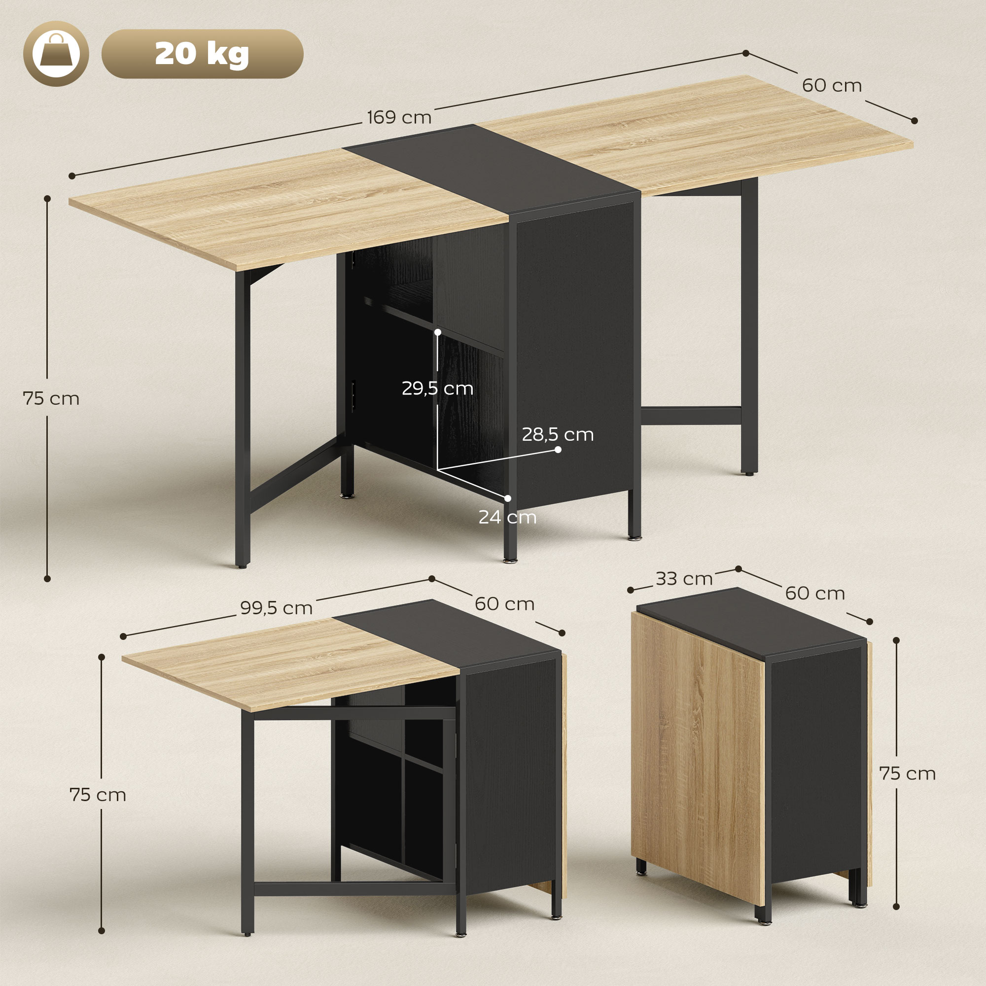 Klapptisch Esstisch Beistelltisch Eiche Metallrahmen Küche Wohnzimmer Dunkelholzfarbe+Schwarz