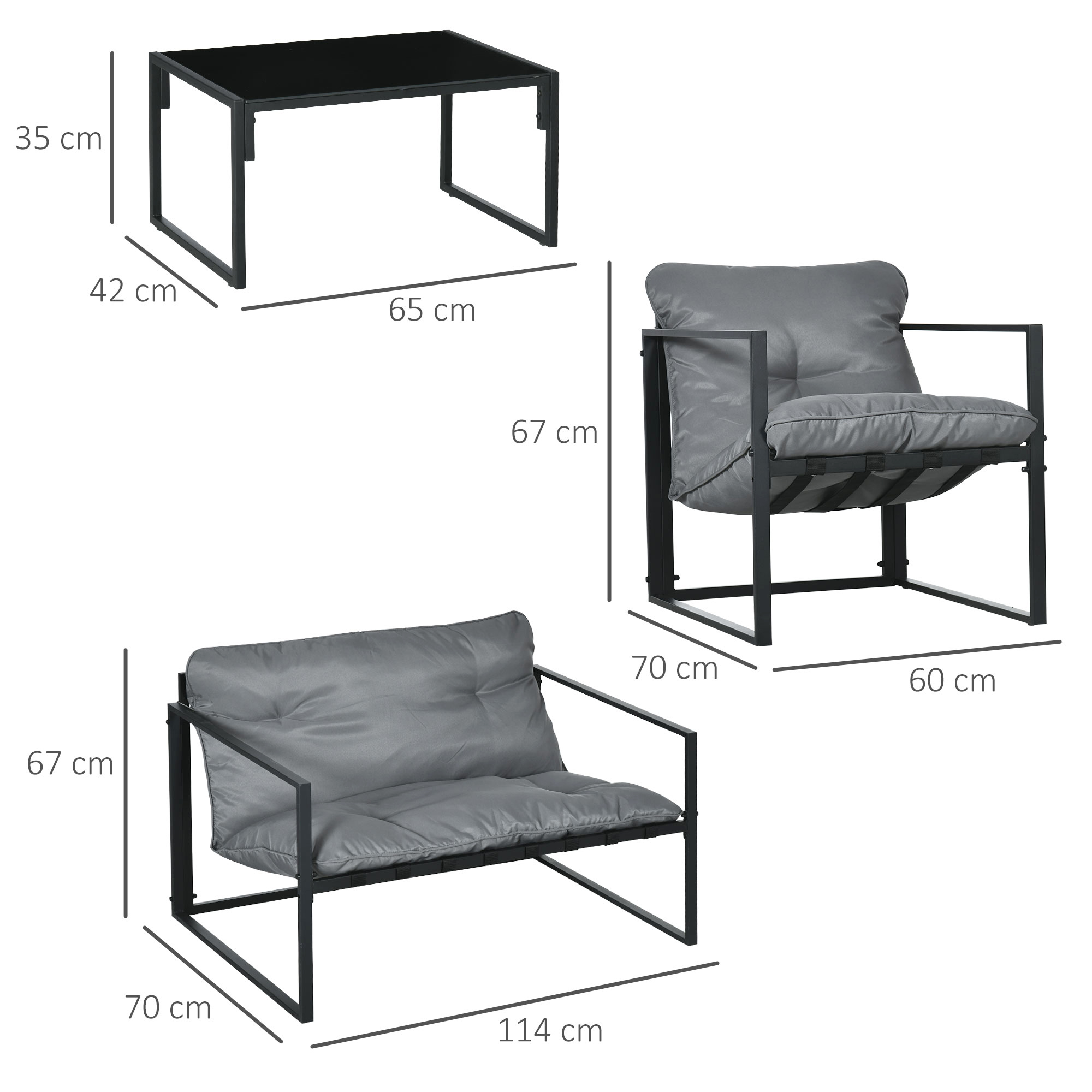 Gartenmöbel-Set, 1 Glastisch, 2 Sessel. 1 Sofa, wetterbeständig,114 cm x 70 cm x 67 cm, Grau+Schwarz