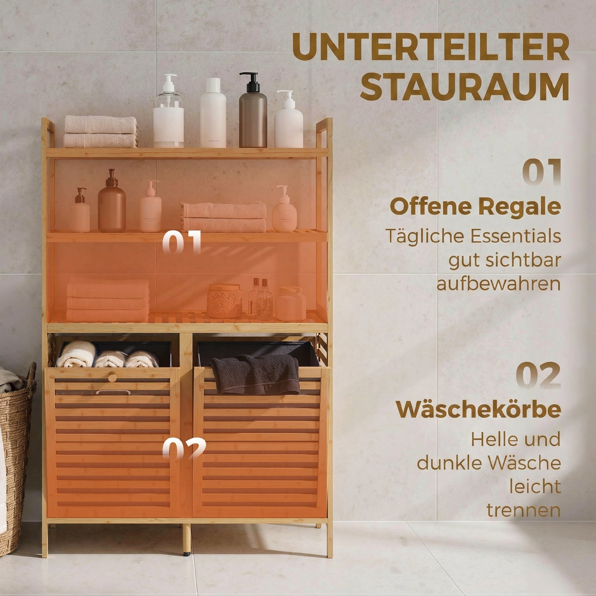 Doppel-Wäscheschrank mit Kippfunktion, freistehender Bambus-Schrank, 2 herausnehmbare Körbe, 3 Ablagefächer, Eiche
