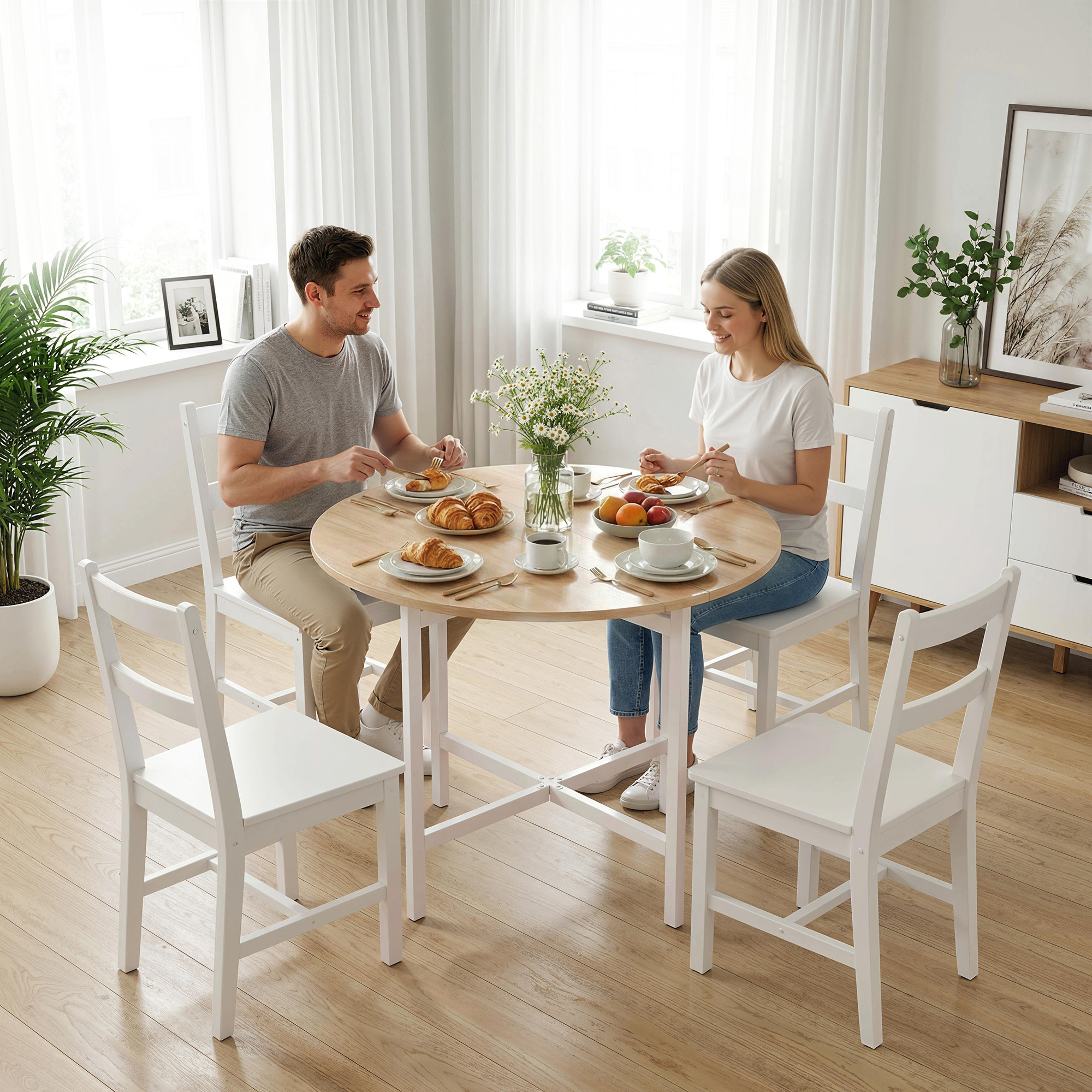 klappbarer Esstisch, 80 cm Runder Klapptisch mit Stahlrahmen, Platz für 2-4 Personen, Naturholz-Optik