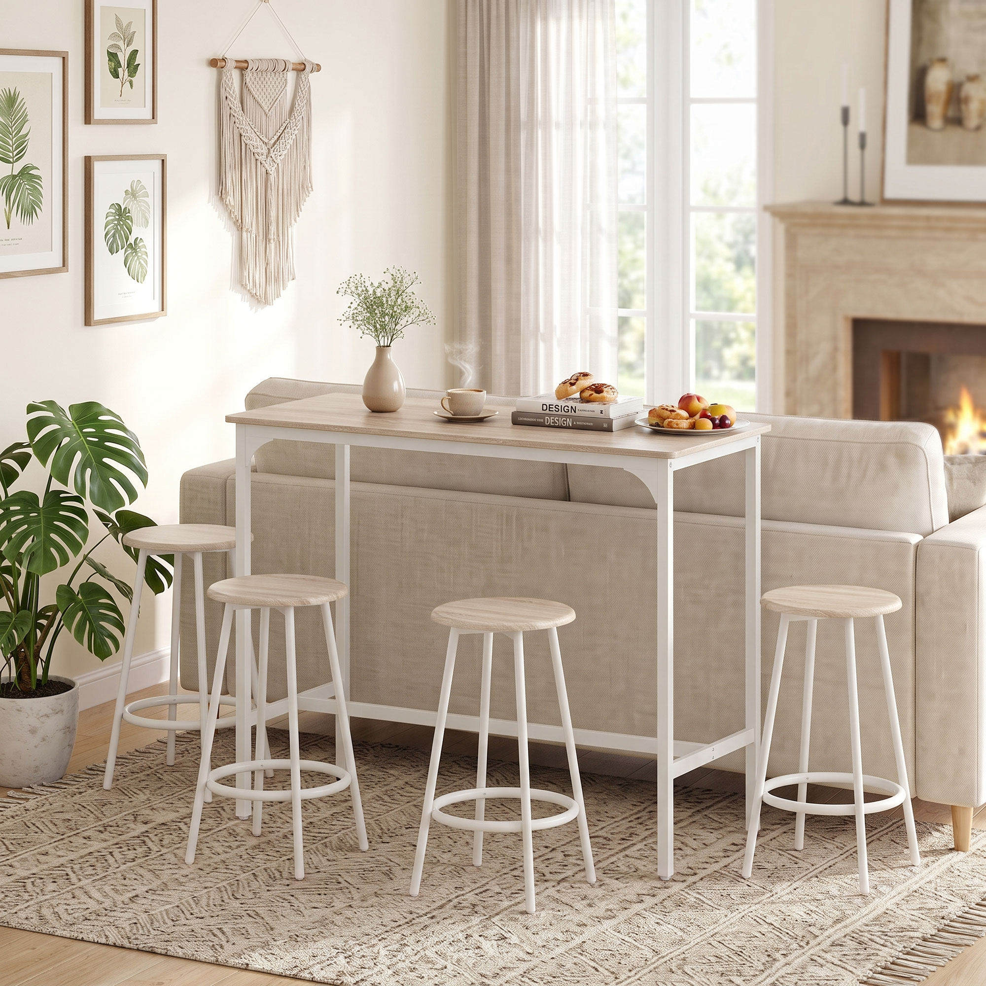 5-teiliges Bartisch-Set für 4 Personen, Industrieller Stehtisch mit Hockern für Küche & Esszimmer, Eiche