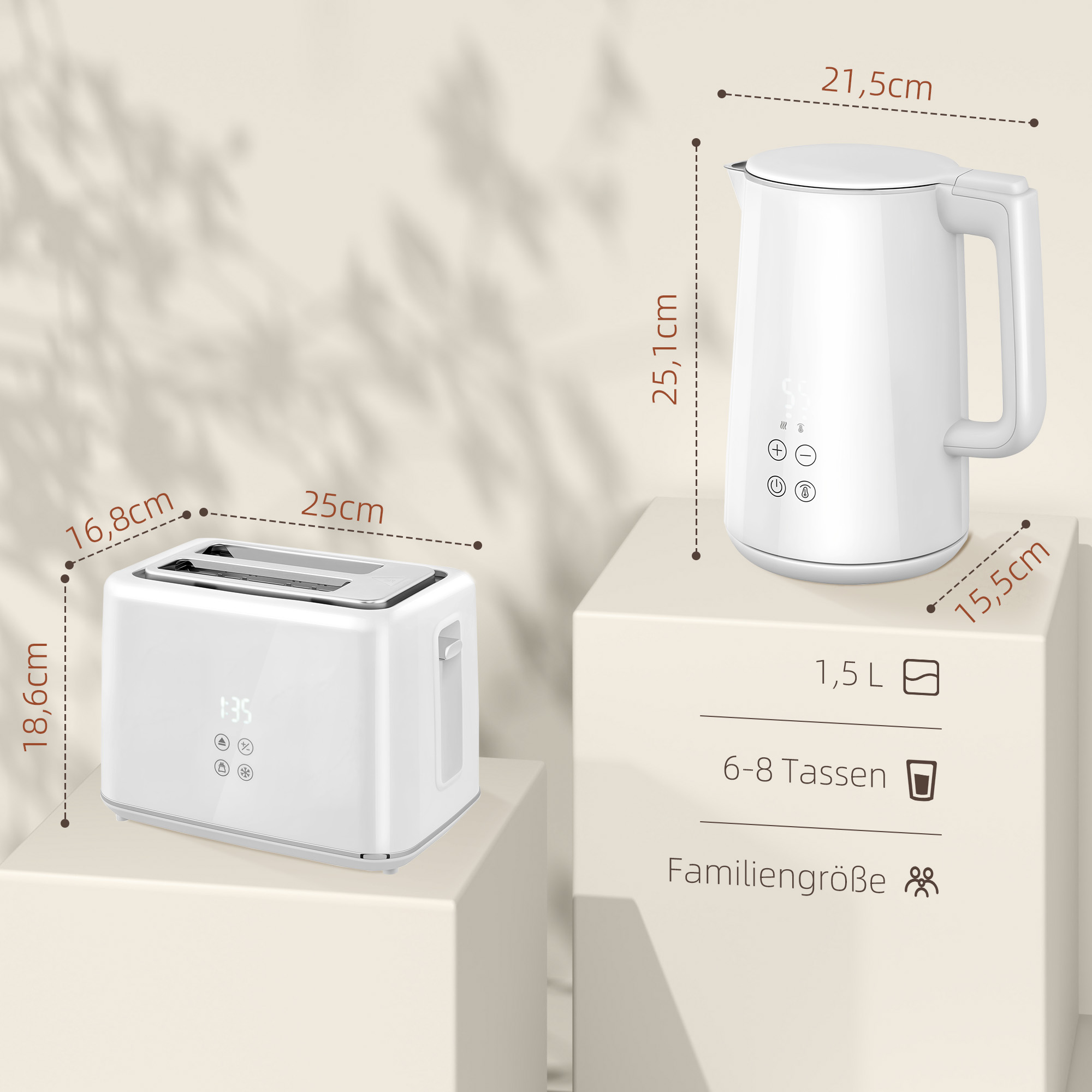 Küchenset mit Wasserkocher und Toaster, 7 Bräunungsstufen, schnelles Kochen, Edelstahl, Kunststoff, Weiß