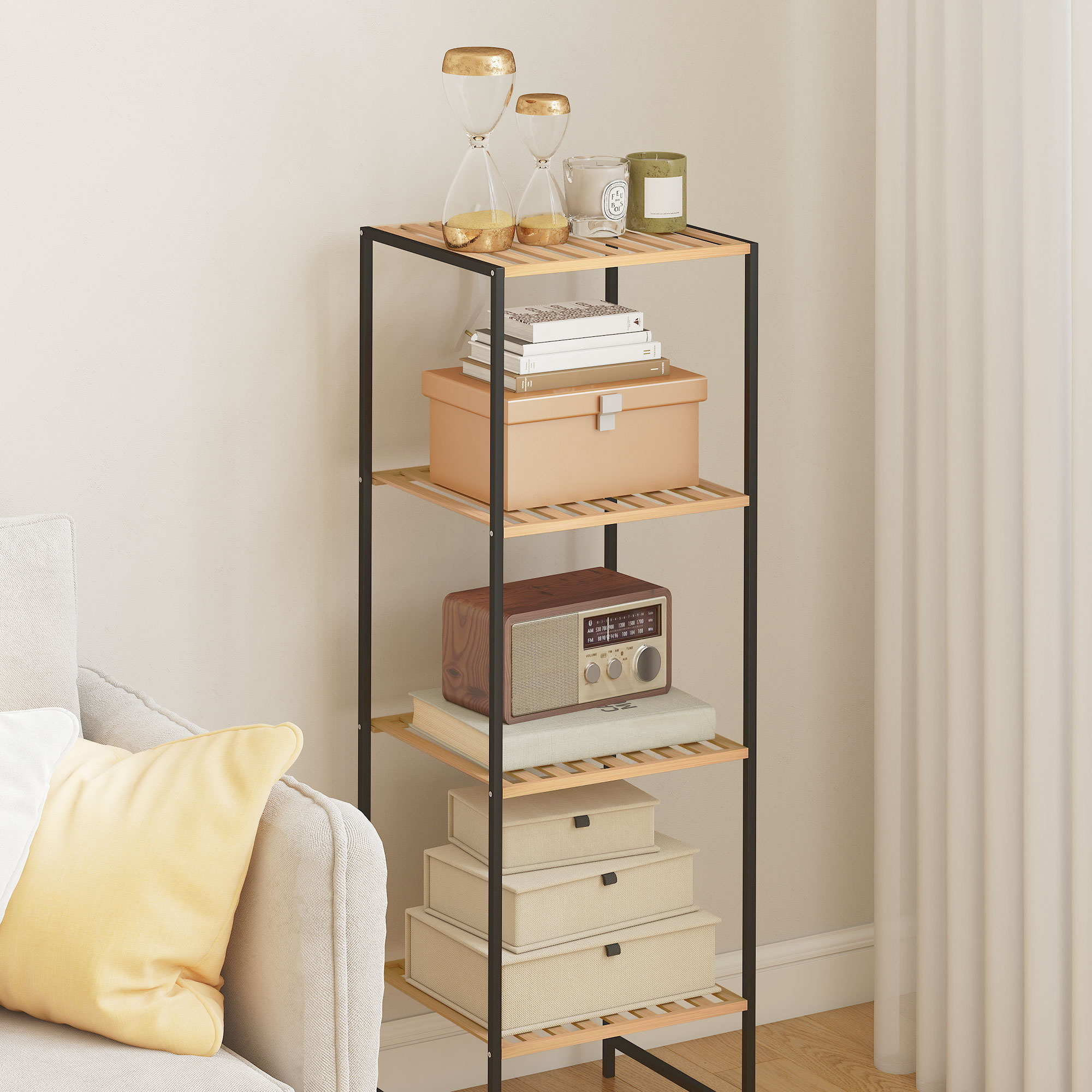 Standregal Badregal aus Bambus und Stahl, mit 4 Ablagen, 4-stöckiges Bücherregal, 36,5 x 33 x 110 cm, Natur