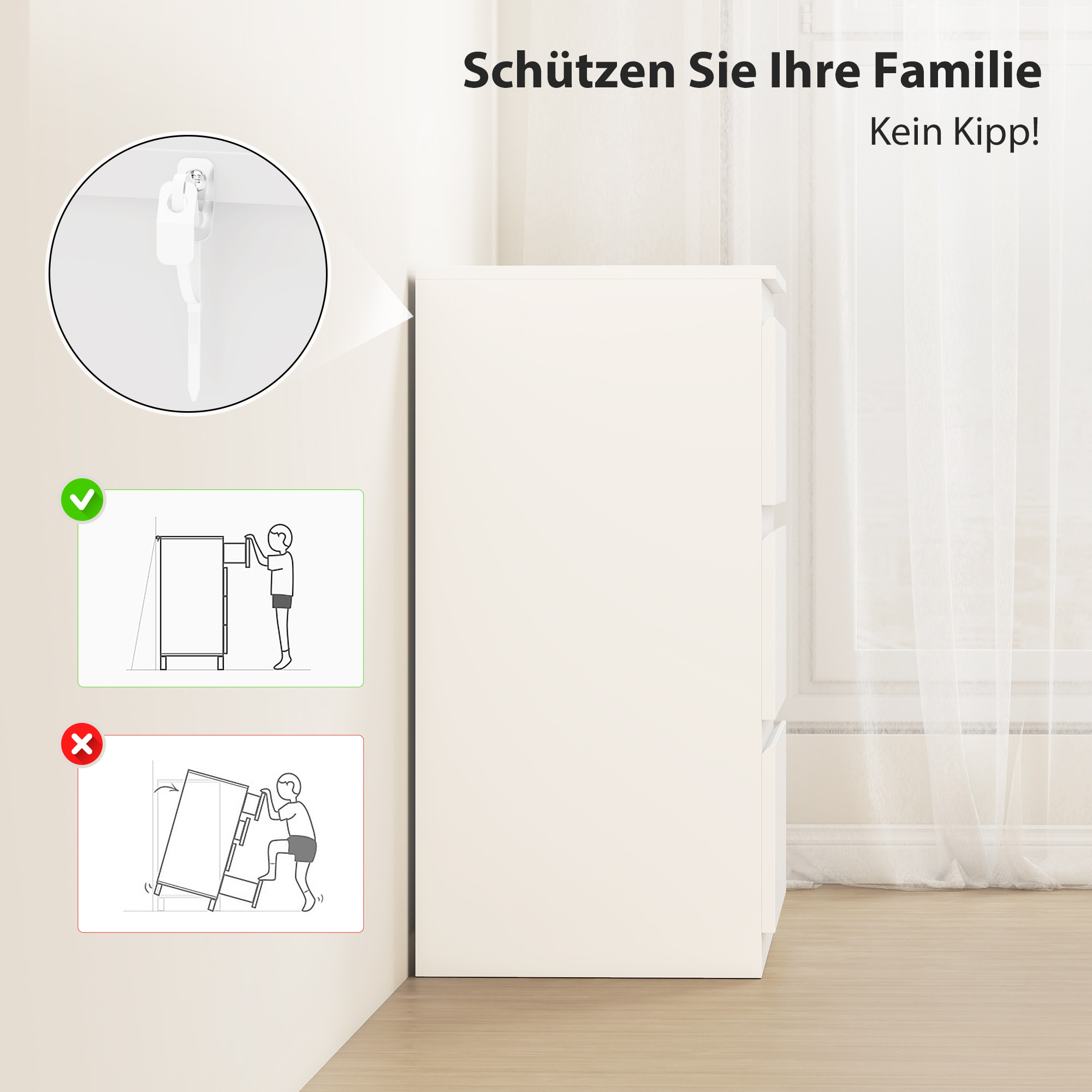 Kommode mit 3 Schubladen, für Wohnzimmer, Schlafzimmer, Flur, Spanplatte, Weiß