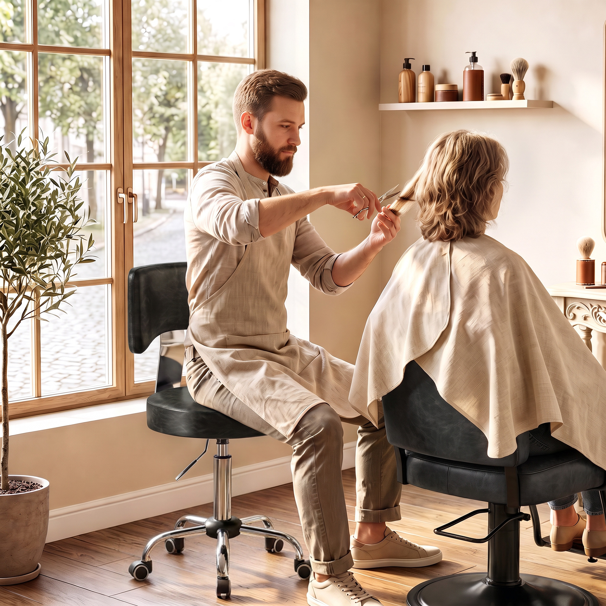 Rollhocker, höhenverstellbarer Salonstuhl aus PU-Leder mit Polstersitz, Rückenlehne und Rollen, Schwarz