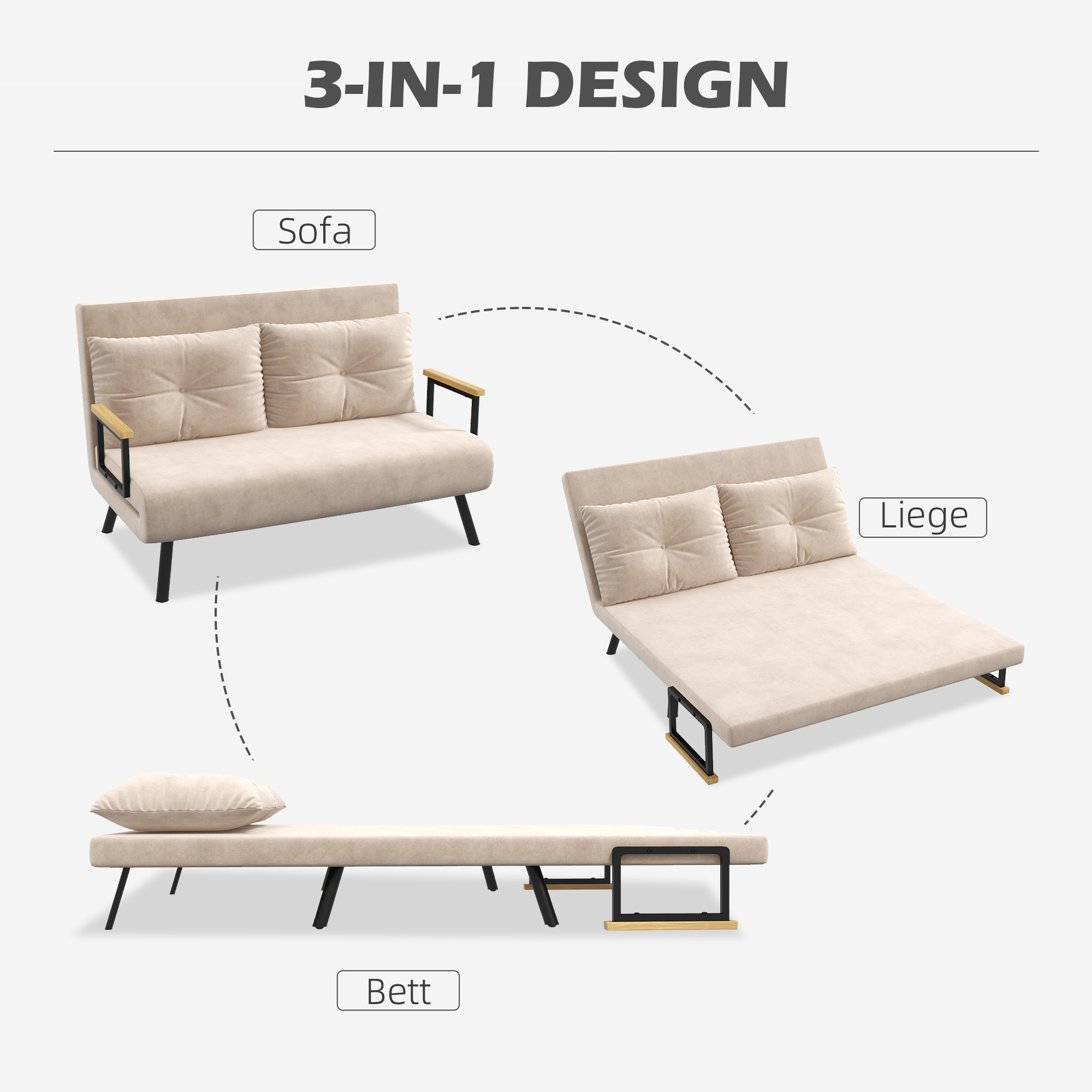 Schlafsofa 2er-Sofa Samtsofa, Schlaffunktion, inkl. 2 Kissen, Samtoptik, Natur + Beige + Schwarz