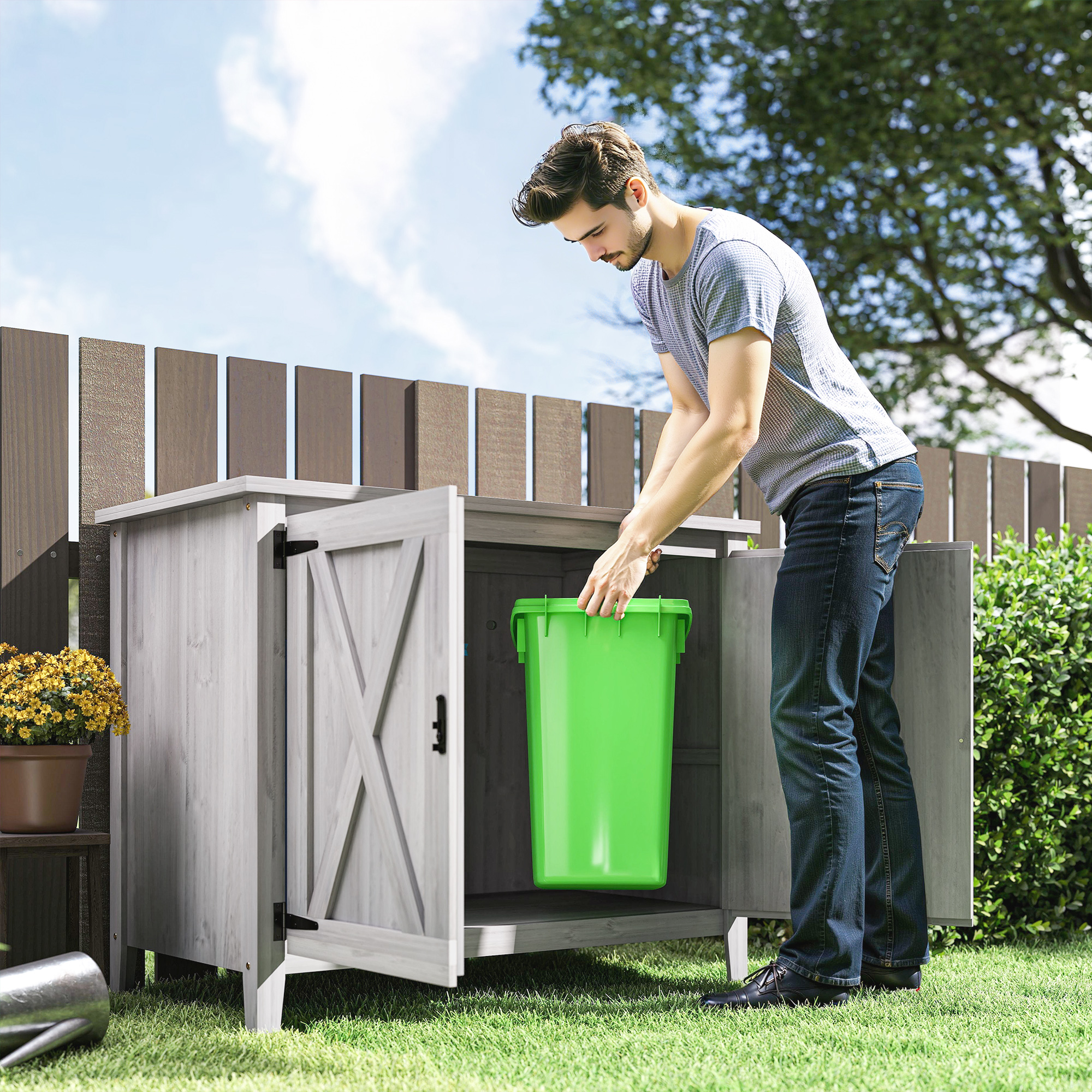 Gartenschrank, Holzschrank für Gartengeräte, Outdoor-Schrank für Terrasse, mit Doppeltüren, Scheunendesign, Hellgrau