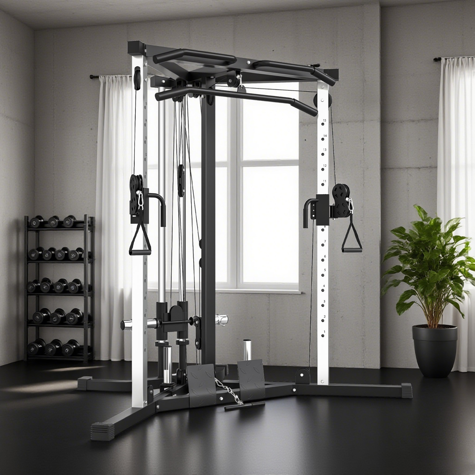 Kraftstation Fitnessstation mit Latzug, Klimmzugstange Curl-/Ruderstange Griffe, 15-fach verstellbar