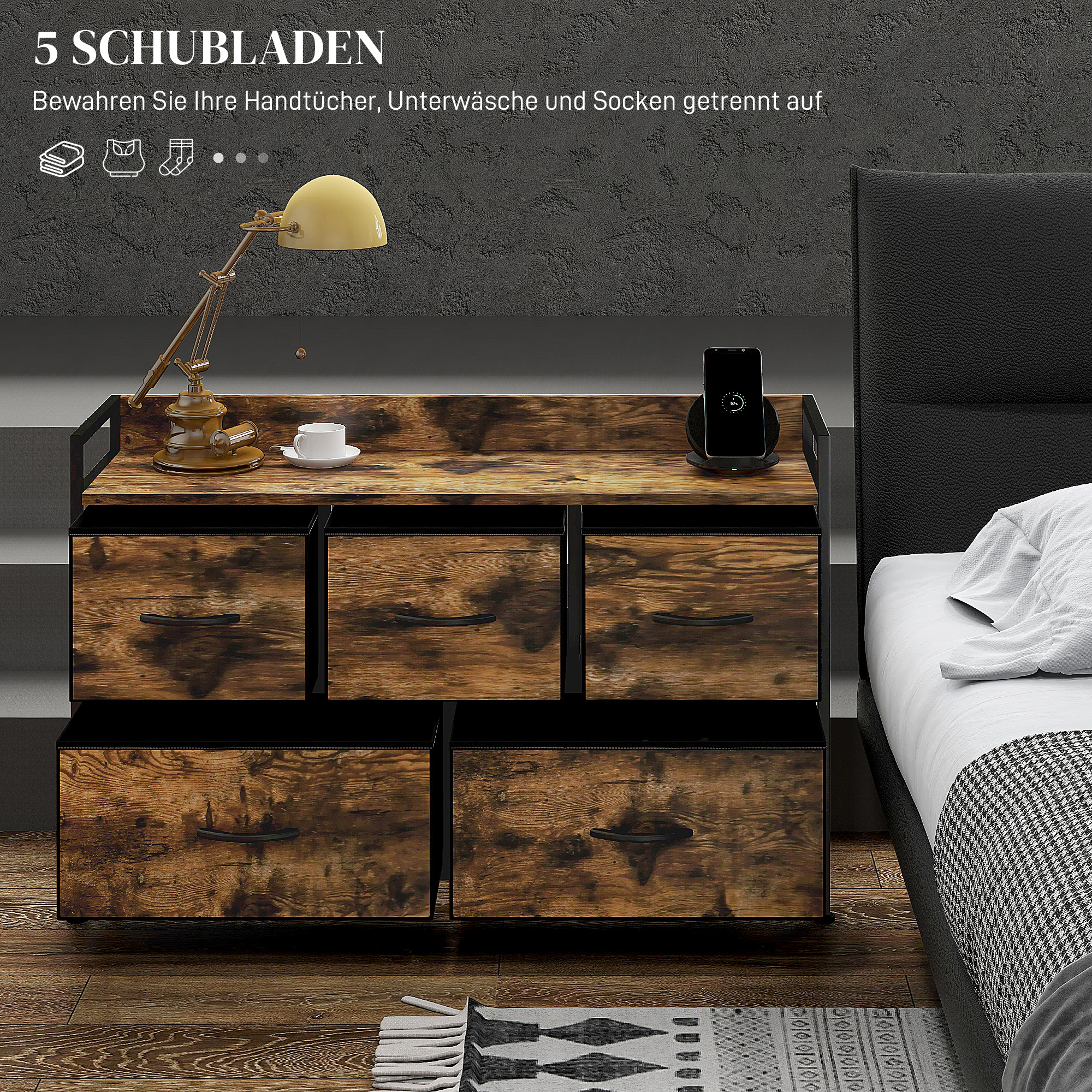 Kommode mit faltbaren Stoffschubladen, Melaminholz, Stahlrahmen, Braun