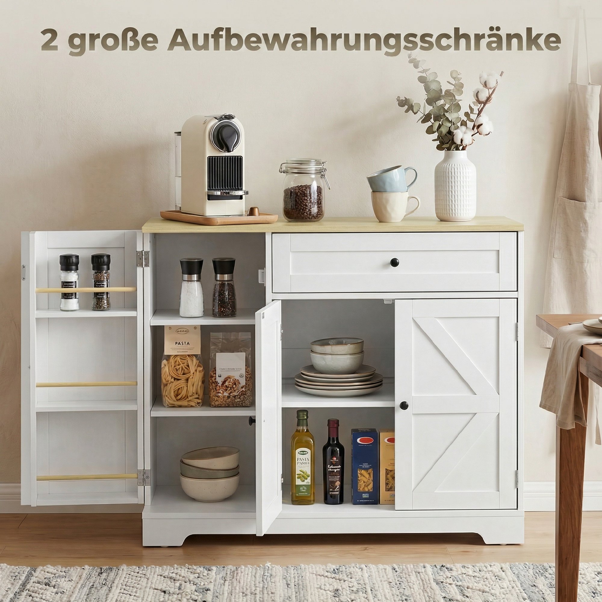 Sideboard, Landhausstil Küchenschrank mit Schiebetüren, 1 Schublade, 2 verstellbaren Einlegeböden, Türregalen
