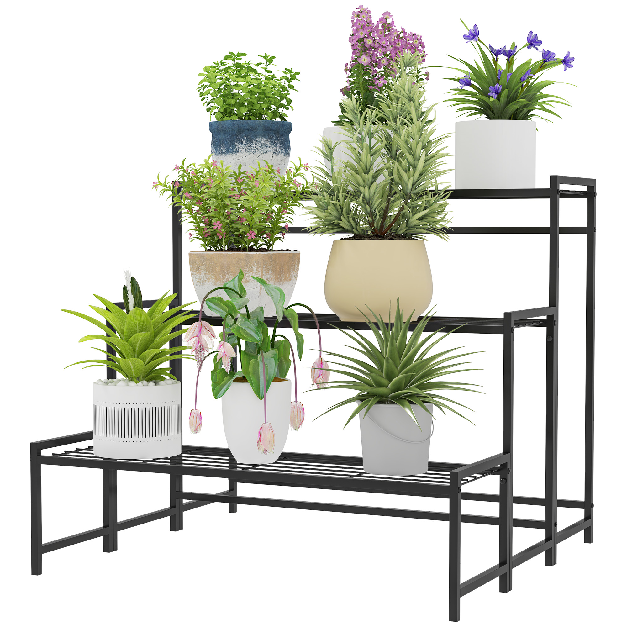 Blumentopfständer, 3-stufiger Pflanzenständer in Treppenform, Blumentopfgestell für drinnen und draußen, Metall, Schwarz Blumentopfständer, 3-stufiger Pflanzenständer in Treppenform, Blumentopfgestell für drinnen und draußen, Metall, Schwarz