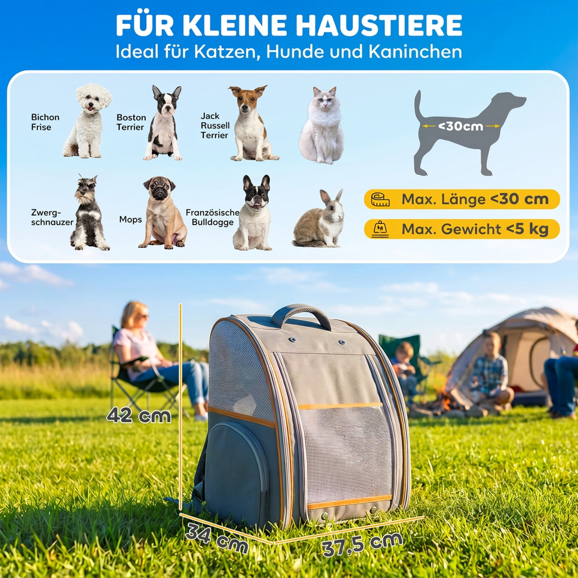 Hunderucksack Klappbar Katzenrucksack mit Netzfenster Seitentaschen herausnehmbare Boden bis 5 kg Grau