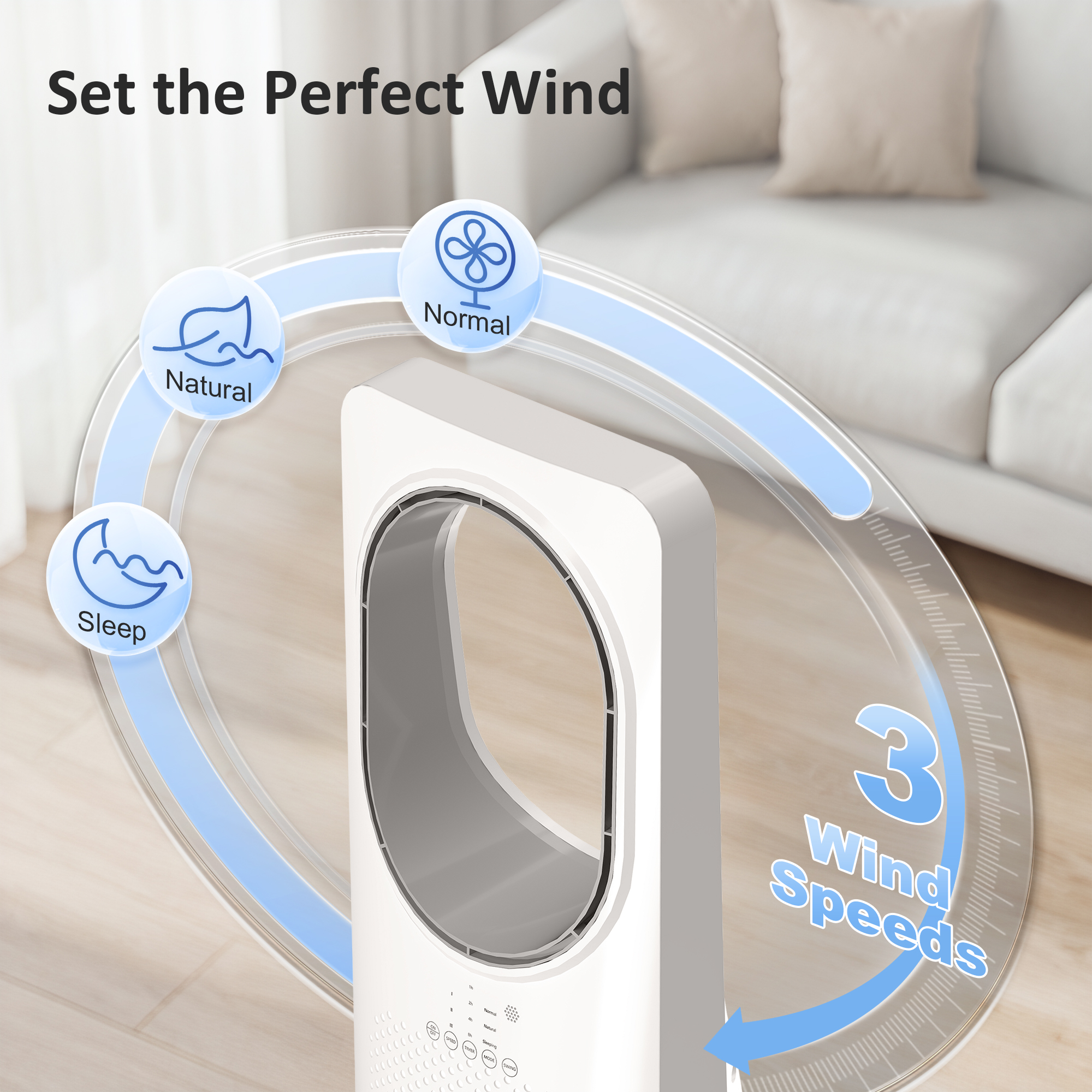 Bladeless Turmventilator für Schlafzimmer, 36 dB Standventilator mit 45° Oszillation, 3 Geschwindigkeiten, 3 Modi, 15-Stunden-Timer, Weiß