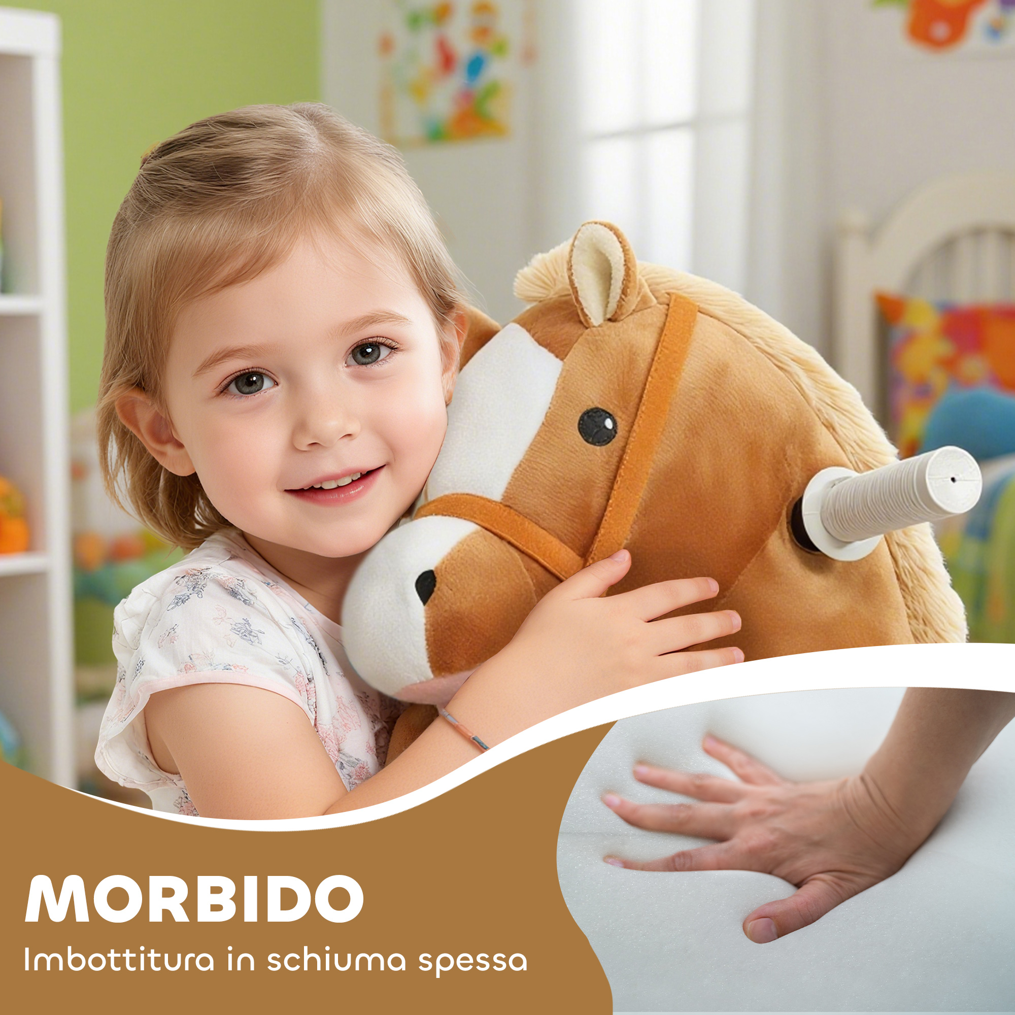 fahrbares Reitpferd für Kinder, weicher Bezug, Batteriebetrieb, Musik, Räder, 1,5-5 Jahre, Braun